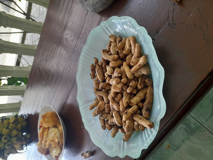 The image displays a collection of food items laid out on a dark brown wooden table, indicative of a casual meal or snack setting in Ngumpak Dalem, Indonesia. In the foreground, a light blue, translucent, scalloped-edge plate is centrally positioned, piled high with numerous whole, unpeeled peanuts. To the upper left, a white ceramic plate with a subtle floral pattern along its rim holds various fried snacks, appearing golden-brown, possibly including fritters or tempeh. Further in the background, to the left of the fried snacks, a cluster of yellow bananas with some green areas is visible. The table exhibits visible wood grain and minor surface imperfections. The background reveals light-colored, possibly white or cream-colored, architectural columns or balusters, with paved ground and some greenery visible beyond them, suggesting an outdoor or semi-outdoor patio or veranda setting. A portion of a green-tiled floor is visible in the lower-left corner of the frame. A single peanut shell lies on the wooden table surface to the left of the blue plate, and another fragment is visible on the right side. A dark, circular object is partially visible on the far right edge of the table. No individuals are present in the frame.