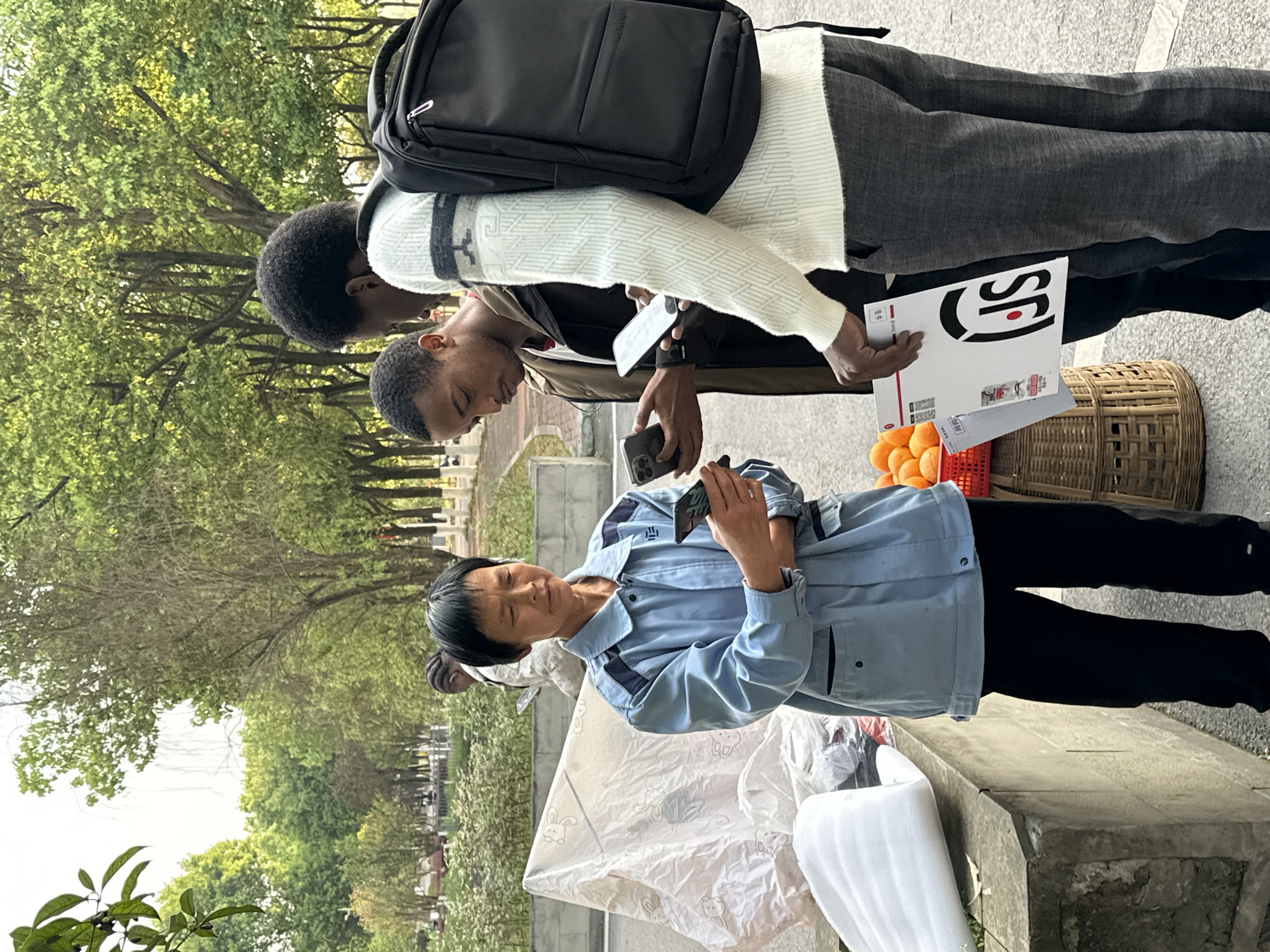 In Jiangjin, China, an outdoor scene depicts an interaction between four individuals. In the foreground, an East Asian female, appearing middle-aged and wearing a light blue collared jacket with dark blue shoulder panels and black pants, stands center-left, holding a black smartphone horizontally in both hands while looking at its screen. To her right, a Black male, appearing young to middle-aged and wearing a dark brown jacket over a lighter shirt, holds a black smartphone in his left hand, also focused on its screen. Further to the right and slightly behind, another Black male, also young to middle-aged, wears an off-white patterned sweater, dark grey pants, and a black backpack. He holds a black smartphone in his right hand and a white folder or envelope with a black "JIS" logo and red dot in his left hand. The three individuals are clustered, seemingly engaged in a shared activity involving their mobile devices.
To the left of the East Asian female, a concrete ledge supports a piece of white foam packaging material. Behind her, a large sheet of translucent white plastic patterned with cartoon bunnies covers obscured items on the ground. A woven brown basket filled with numerous orange fruits, resembling tangerines, rests on the ground next to the concrete ledge. In the mid-ground, slightly behind the main group, a fourth individual, appearing to be a Black female with braided hair and wearing a light-colored top, walks away from the camera. The background consists of a tree-lined area, with lush green foliage and several deciduous trees with lighter branches, suggesting an urban park or roadside environment. The ground beneath the individuals is paved. The lighting is bright and diffused.