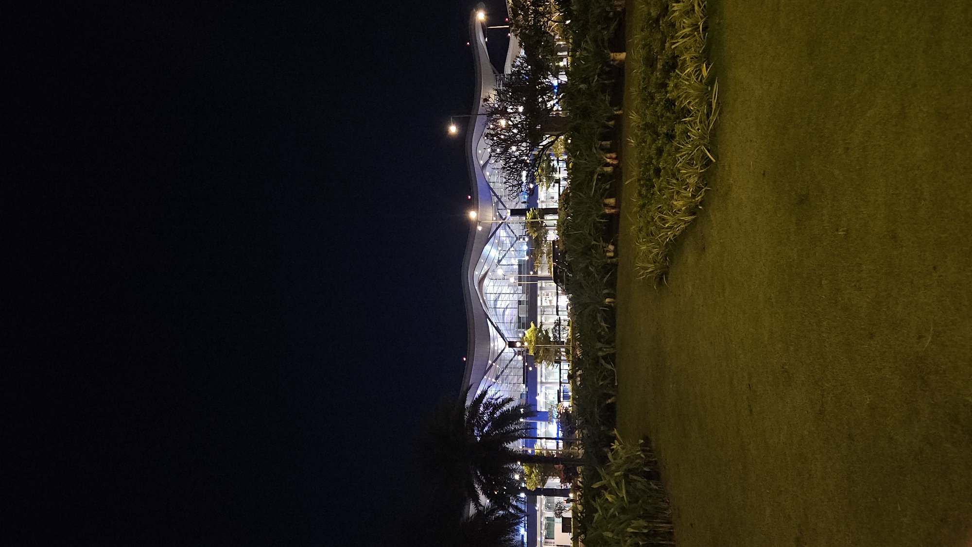 The image, taken at night, displays a modern architectural structure, likely an airport terminal, situated in Cam Ranh, Vietnam. The building features a distinctive, undulating roofline and extensive glass facades that reflect the internal illumination. Bright lights from inside the building and external streetlights cast a warm glow, contrasting with the dark night sky.
In the foreground, a large, well-maintained grassy area extends across the frame. A border of various plants, including hedges and taller foliage, separates the lawn from the main building. Several palm trees and other trees are visible closer to the structure, adding to the landscaped environment.
No people or specific activities are discernible, and the scene focuses on the illuminated architecture and its surrounding grounds. The overall impression is one of a clean, modern, and well-lit public space during the nighttime hours. No text is visible in the image.