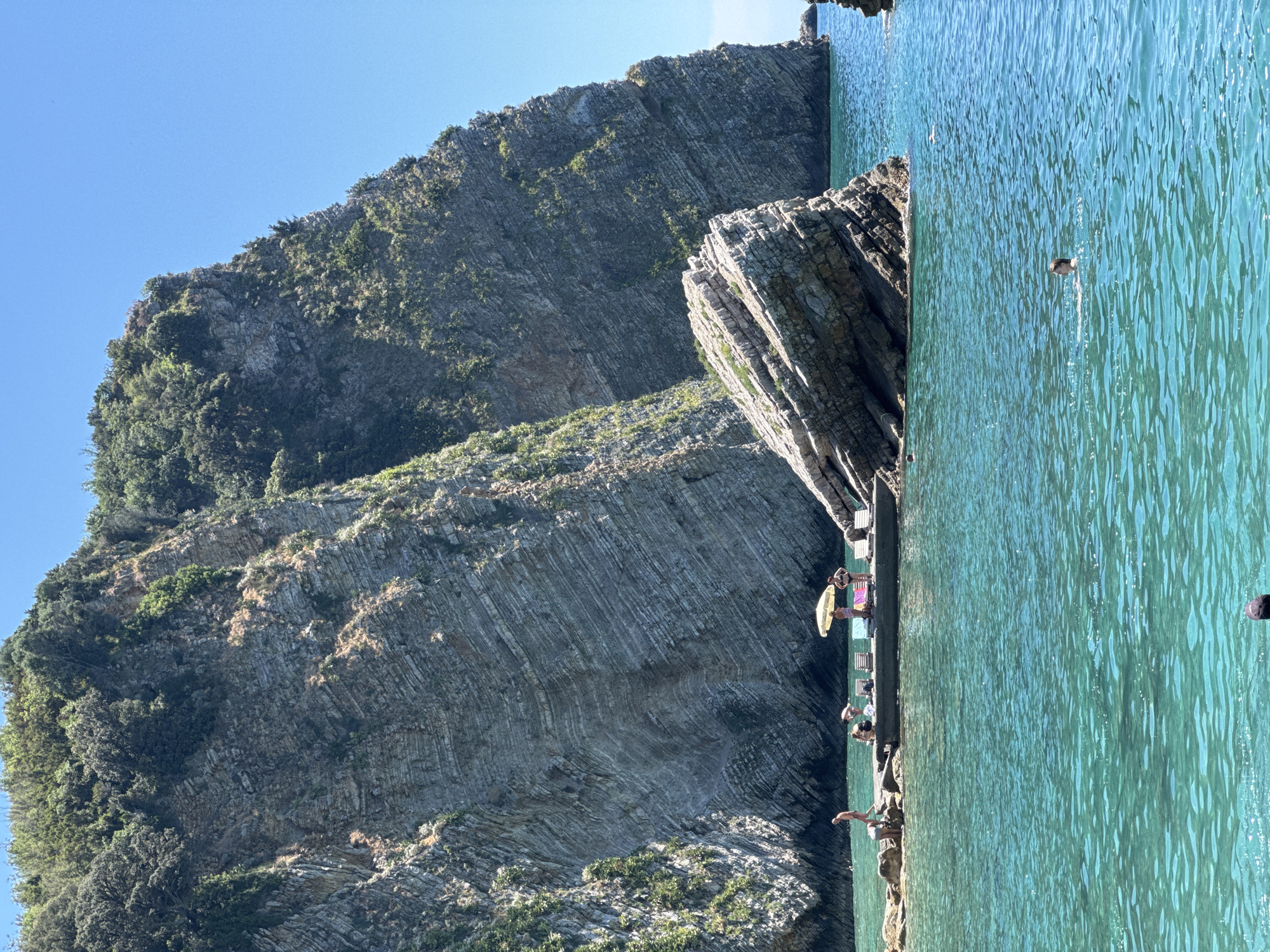 This vibrant image captures a serene coastal scene in Budva, Montenegro, under a clear blue sky. A towering, rugged cliff dominates the left side of the frame, its face revealing pronounced horizontal rock layers and patches of lush green vegetation.
At the base of the cliff, a narrow concrete or rock pier stretches along the waterline. Several people are visible on this pier, enjoying the sunny day. Two women in swimwear are prominent: one standing and another seated beneath a bright yellow beach umbrella, with colorful towels draped nearby. Other figures are present further along the pier, suggesting a relaxed, communal atmosphere.
To the right of the pier, the sea shimmers with clear, inviting turquoise water. One person is seen swimming or floating further out in the water, their head visible above the surface. Closer to the pier, another individual is partially submerged, possibly entering or exiting the water. A distinctive, large rock formation, similar in layered structure to the main cliff, juts out from the water near the pier. In the distance, a dark buoy or marker floats on the water.
The bright sunlight indicates daytime, casting clear illumination over the scene and highlighting the texture of the rocks and the sparkle of the water. The overall impression is one of leisure and natural beauty. No visible text is present in the image.