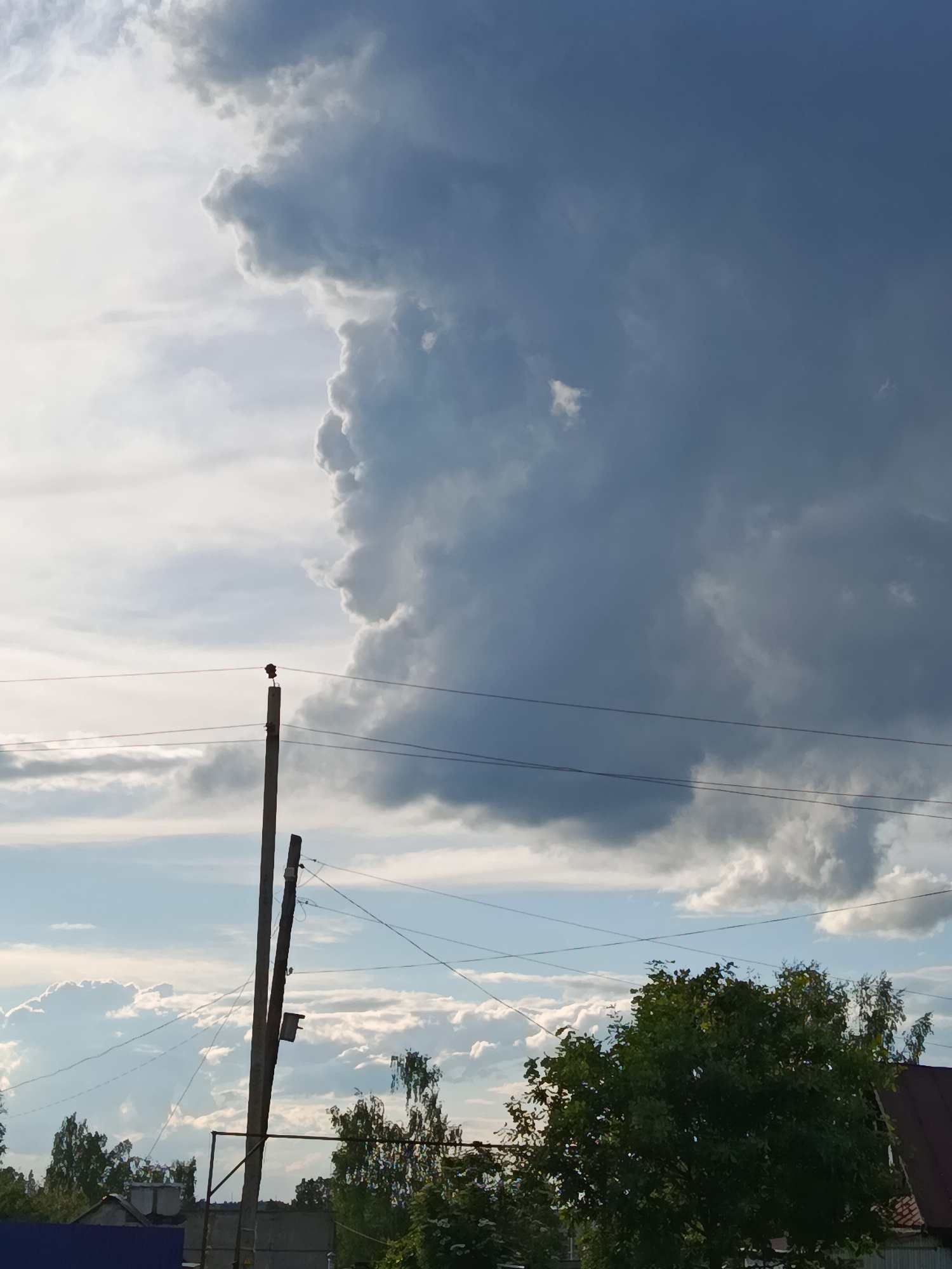 The image shows a cloudy sky over what appears to be a residential area in Фоки, Russia. In the foreground, there is a wooden utility pole with several electrical wires strung across it. Behind the pole, a large, dark cumulonimbus cloud dominates the right side of the sky, indicating potential for a thunderstorm. Lighter, scattered clouds fill the rest of the sky. In the lower portion of the image, trees and parts of buildings can be seen. A glimpse of a blue fence and portions of rooftops suggest a suburban or rural residential setting.
