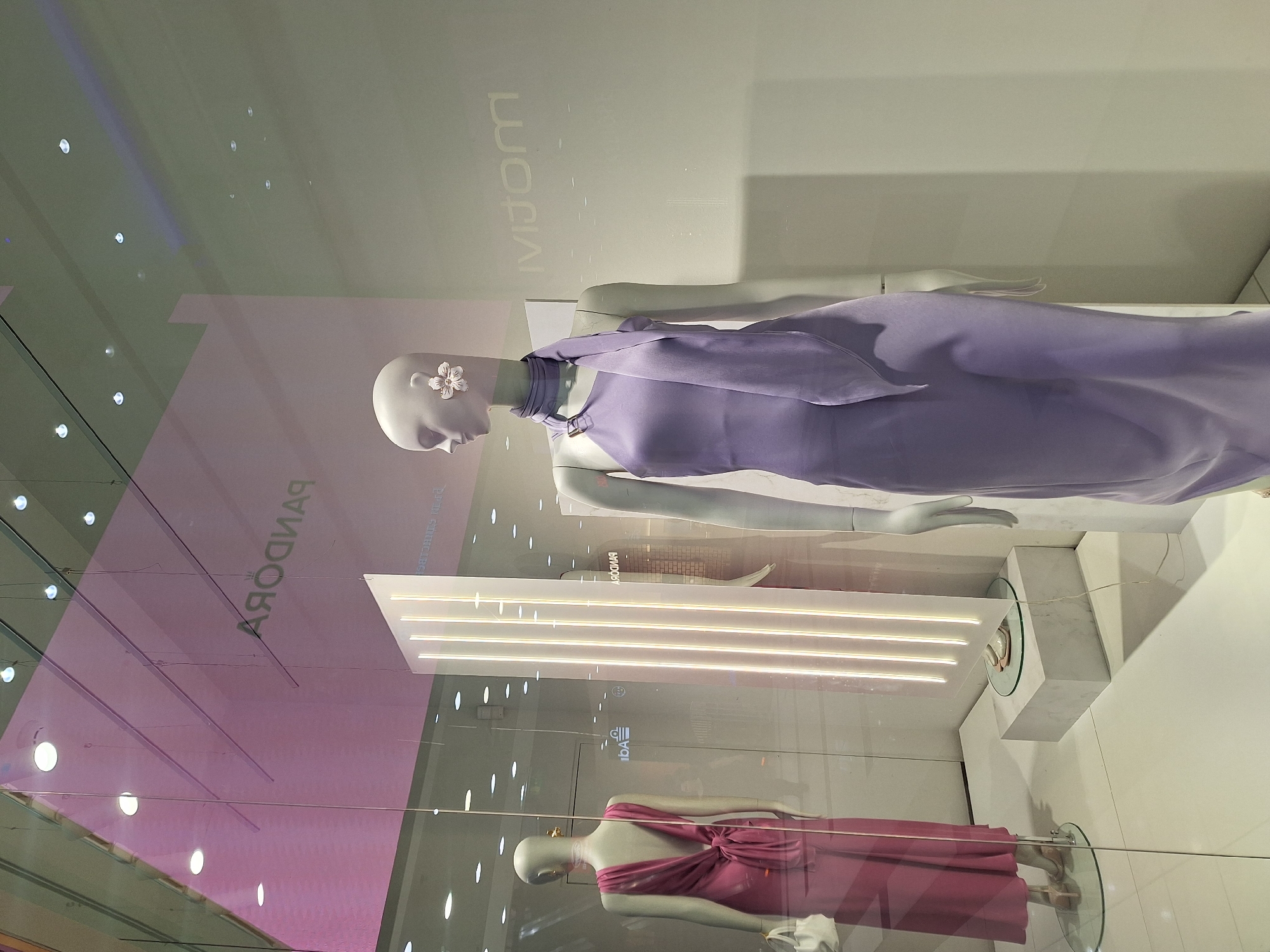A photograph taken in Sofia, Bulgaria shows a store display featuring two mannequins in dresses behind glass. The top mannequin wears a long lavender dress and has a white flower on its head. The bottom mannequin wears a long pink dress. Both mannequins are on white platforms behind glass.