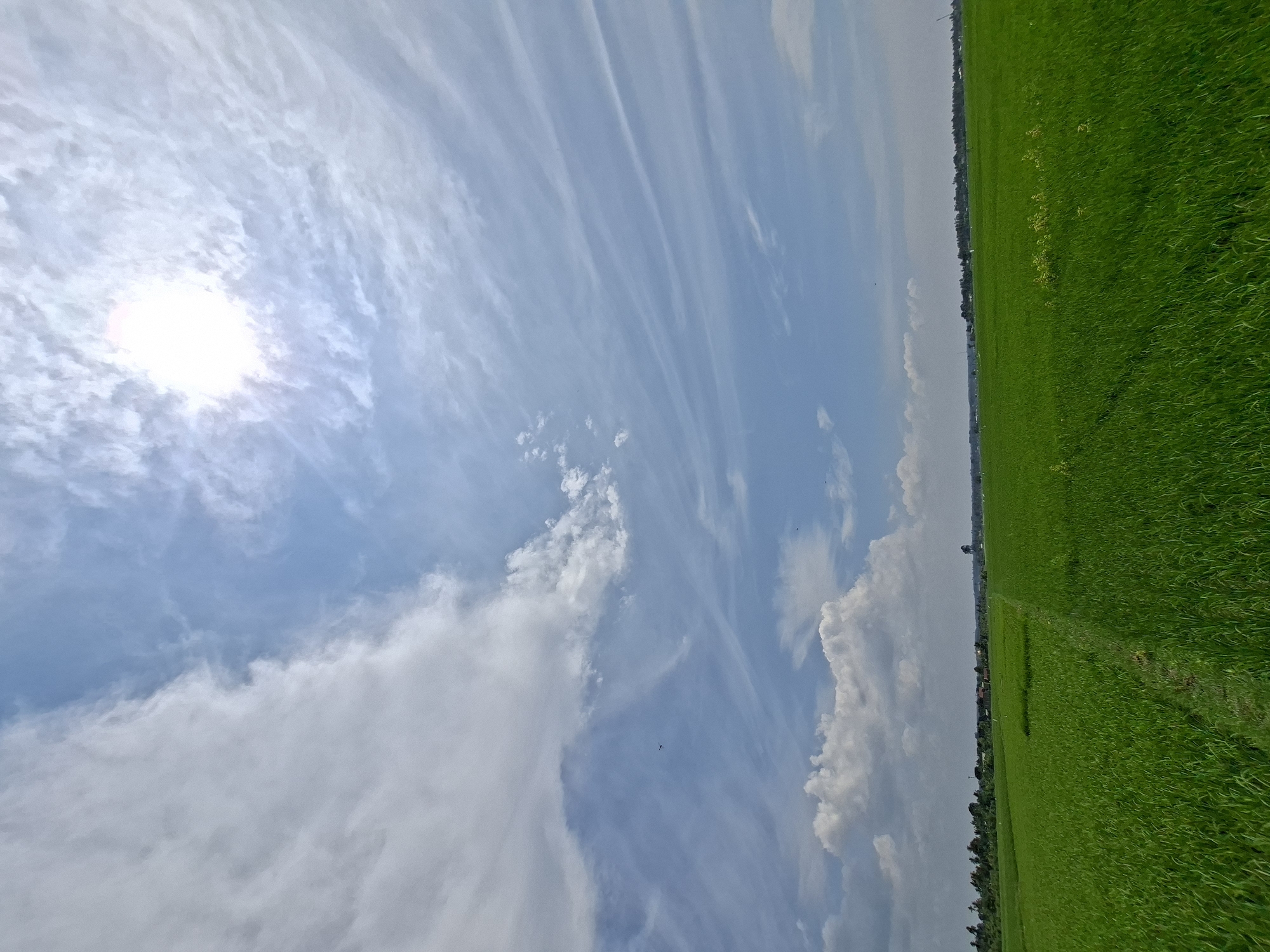 An expansive, high-angle shot captures a vibrant green rice paddy field stretching towards a distant, hazy horizon. A narrow, worn dirt path meanders through the lush vegetation, dividing the field into two sections. The sky above is a dramatic expanse of blue, punctuated by a scattering of white, wispy clouds, some of which are dense and billowy, while others are thin and stretched across the sky. The sun, a bright, luminous orb, is visible high in the sky, partially obscured by thin clouds, casting a soft glow over the landscape. The scene depicts a rural environment, likely in or around Kayeepanyang, Indonesia, characterized by agricultural land and open skies.