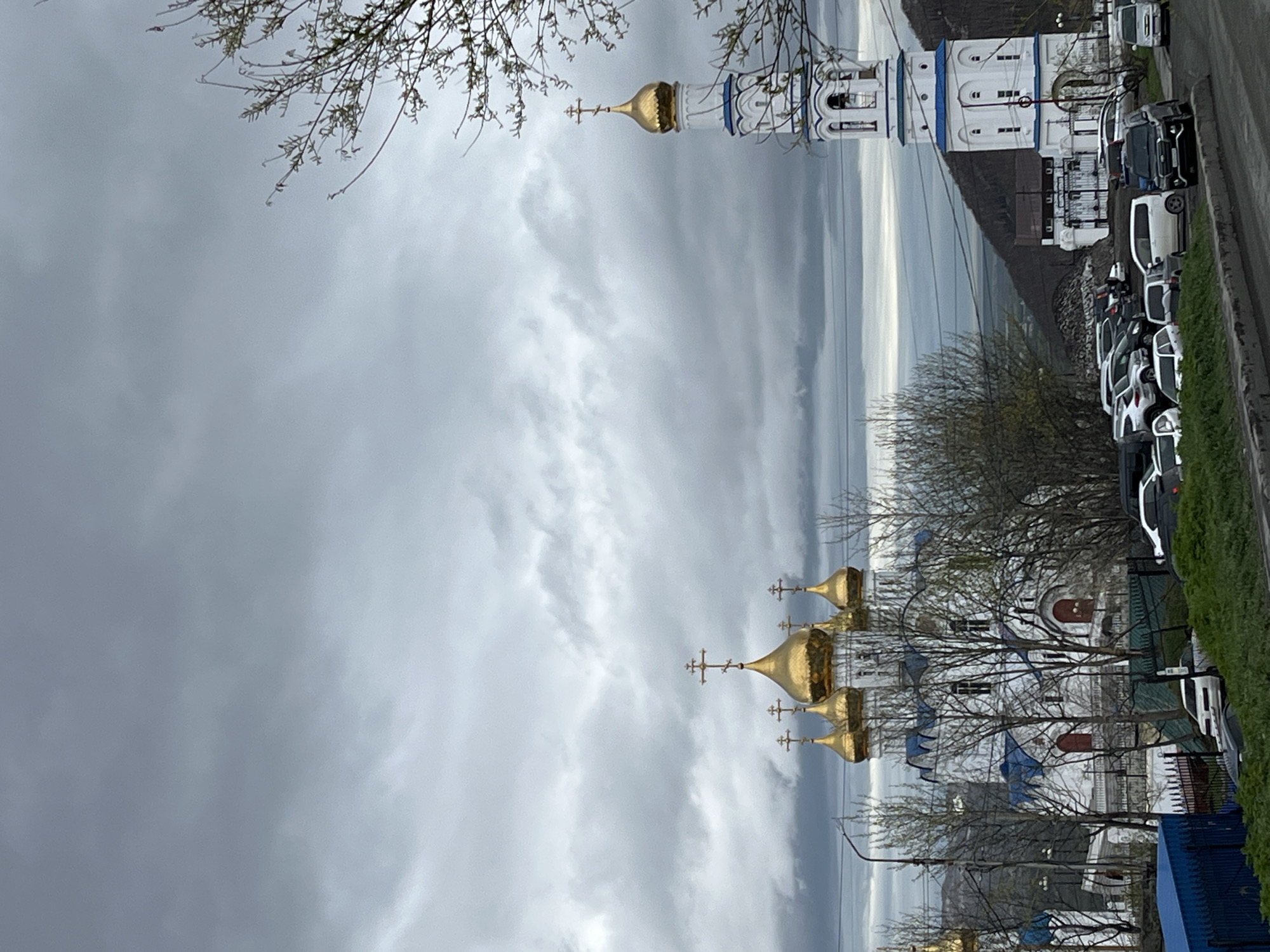 The image displays a Russian Orthodox religious complex in Petropavlovsk-Kamchatsky, Russia, under a heavily overcast sky. The scene is dominated by white architectural structures with blue accents and prominent golden onion domes, each topped with a cross.
In the midground, a tall, slender bell tower stands to the right, featuring a single golden dome and cross. To its left, a larger church building boasts multiple golden onion domes, also crowned with crosses, reflecting the cloudy light. The buildings are primarily white with contrasting blue elements, characteristic of Russian Orthodox architecture.
In the foreground, a paved road or parking area is visible, lined with numerous parked vehicles including white and dark-colored SUVs, vans, and cars. A strip of green grass borders the road on the right. Bare or sparsely leafed tree branches frame the upper part of the image and are scattered throughout the scene, indicating early spring or late autumn.
The sky is filled with thick, dramatic grey clouds, creating a subdued and somewhat somber atmosphere. A brighter, hazy band of light is visible along the distant horizon, suggesting open landscape or water beyond. The light indicates daytime, likely a cloudy morning or afternoon. No specific human activity is depicted, and there is no visible text.