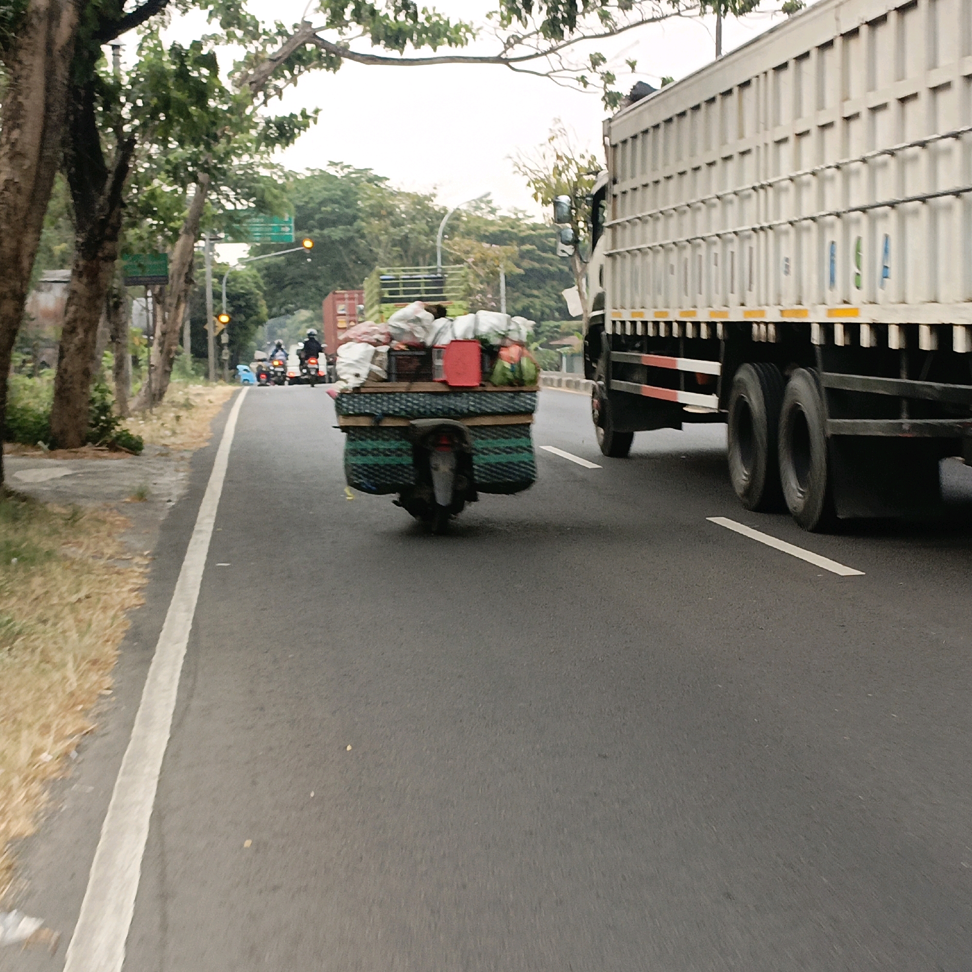 The image shows a street scene in Salatiga, Indonesia, likely during the daytime under overcast skies. In the foreground, a motorcycle is modified with a trailer carrying a large load of goods wrapped in plastic and fabric. The trailer has a green and black patterned covering and a red container on top. The motorcycle is black and has a rider wearing a helmet.
To the right, a large white truck with a corrugated metal side is driving on the road, partially obscuring the view of the motorcycle and its trailer. The truck has multiple wheels visible, including a dual-wheel setup at the rear.
In the background, other motorcycles are visible further down the road, along with traffic signals that appear to be showing yellow lights. Trees line the left side of the road, with some foliage visible. The road itself is asphalt, marked with a white line. The environment appears to be urban or semi-urban.