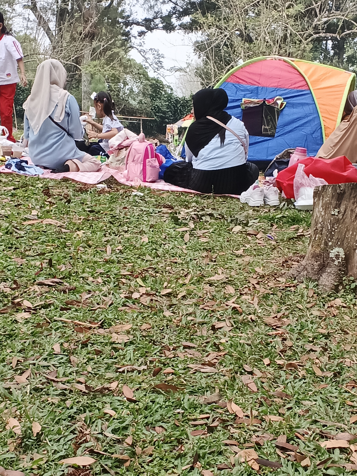 In Perbawati, Indonesia, a group of people are picnicking on a grassy area with scattered fallen leaves, under the shade of trees. A multi-colored tent is pitched nearby. In the foreground, a woman wearing a light-colored hijab and a blue top sits on a pink and white checkered blanket, facing away from the camera. To her left, a young girl in a light-colored outfit with pigtails is also seated on the blanket, reaching for an object. A pink backpack is visible behind them. Further to the right, another person in a black hijab and white and black attire is seated near the tent. Several items, including white sneakers and red and pink bags, are spread out on the ground. A thick tree trunk stands to the far right of the frame. In the background, a person in a red and white uniform is standing, partially visible. The overall scene depicts a relaxed outdoor gathering.