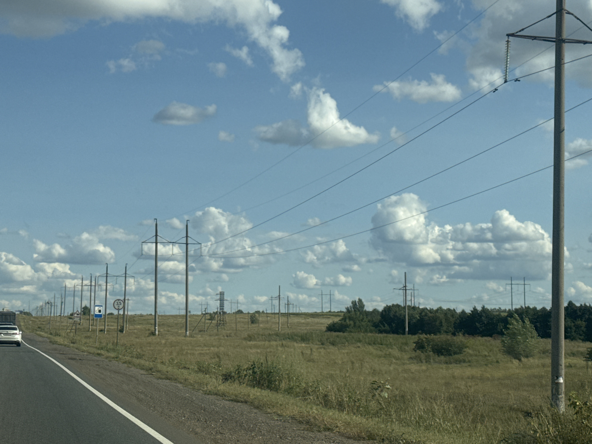 The image depicts a rural roadside scene on a sunny day in Novosergiyevka, Russia. A paved road with a white line runs along the left side of the frame. A white car is partially visible, driving away from the viewer on the road. The right side of the image is dominated by a field of tall, dry grass, interspersed with occasional green bushes and trees. A row of utility poles with power lines stretches into the distance on the right. In the background, a line of trees forms a dense forest. The sky is a clear blue with scattered white cumulus clouds. A few road signs are visible on the left side of the road, one of which is a circular sign with "3.5" inside and an image of a car. The overall impression is one of a typical landscape on the outskirts of a Russian town.