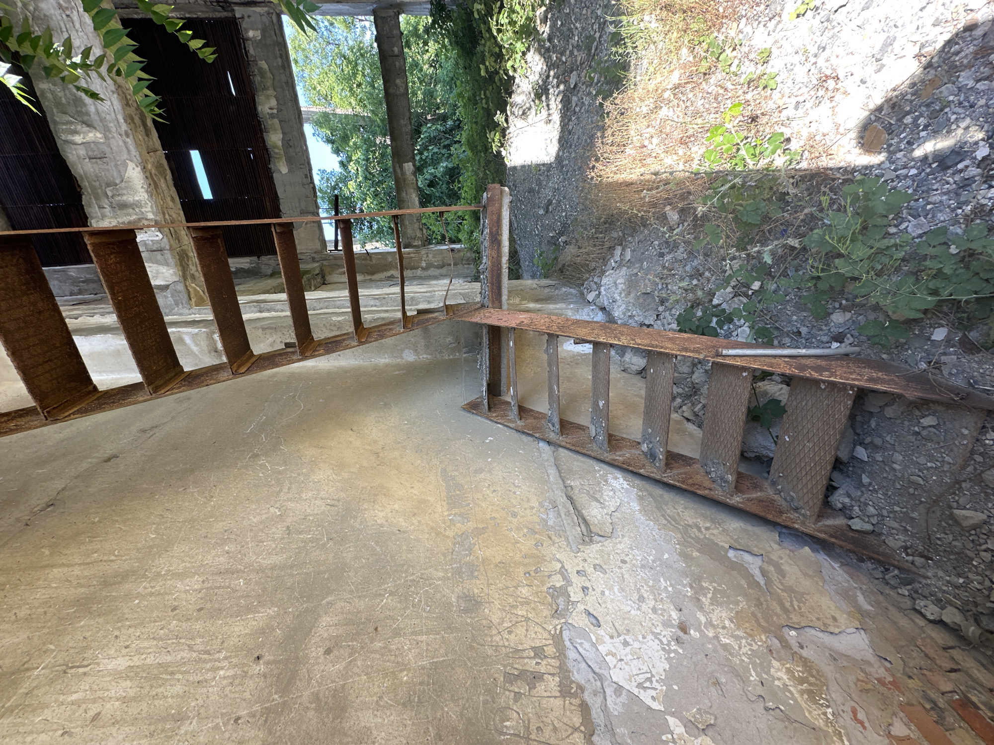 An external view shows a rusty metal staircase leading up along a weathered, concrete wall. The wall has visible graffiti and peeling paint. Beyond the staircase, through an opening in a derelict building structure, a lush green canopy of trees is visible, suggesting an outdoor or semi-outdoor environment. The ground surrounding the staircase is covered with rubble and dry vegetation. The overall scene depicts an abandoned or decaying industrial site within the city of Rosen, Bulgaria.