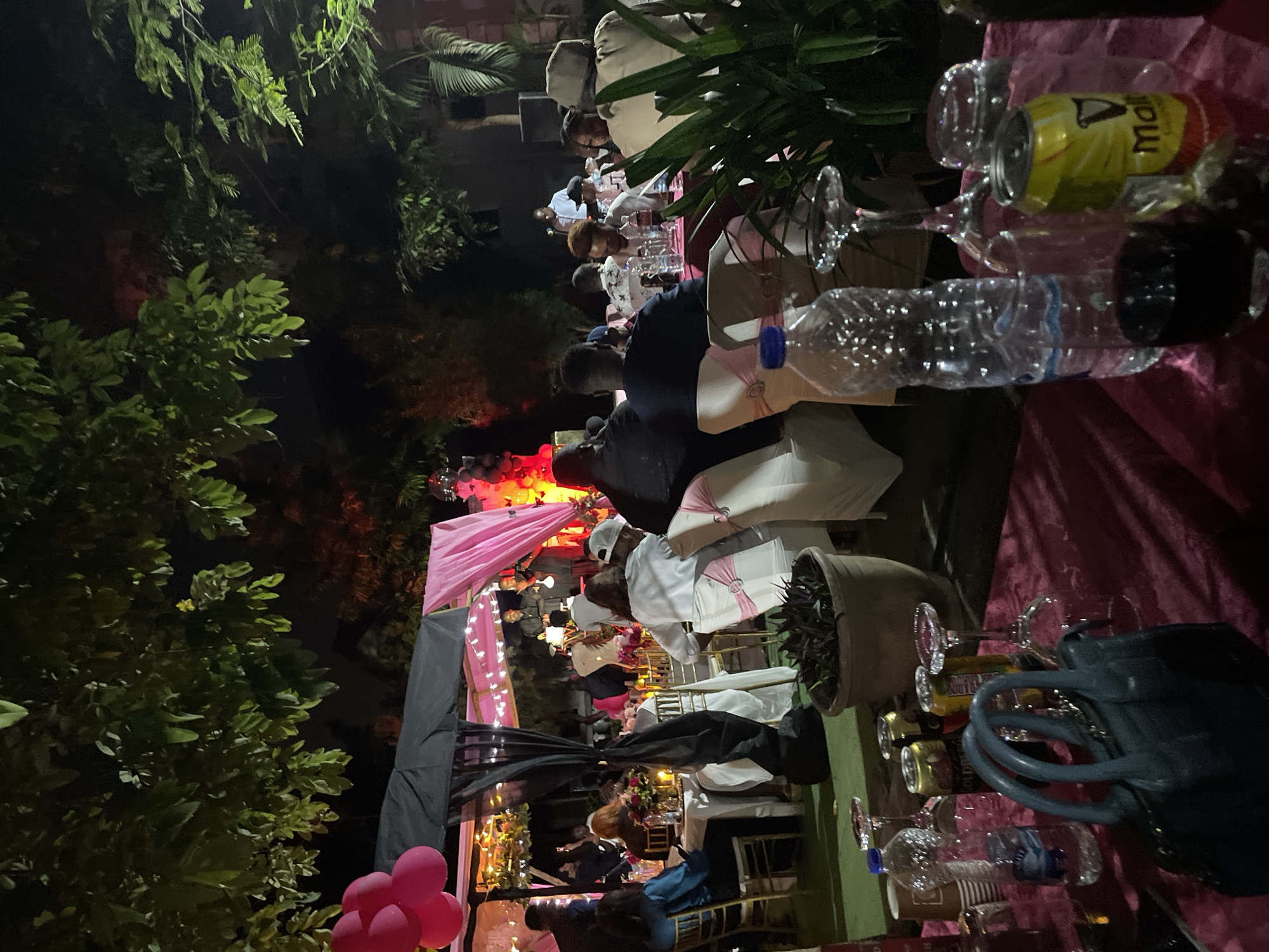 The image depicts an outdoor evening event, possibly a celebratory gathering, taking place in what appears to be a garden or courtyard. Numerous people are seated at tables arranged under a canopy or tent-like structure, though their faces are mostly obscured due to the low light conditions and distance.
The setting is illuminated by artificial lighting, including strings of fairy lights draped across the tent's framework. Tables are covered with pink tablecloths, and many chairs are adorned with white covers and pink bows, suggesting a coordinated theme. Pink and dark-colored balloons are visible near the structure, further indicating a festive atmosphere. Green foliage from trees and potted plants surrounds the event space.
On the tables, various objects are present, such as clear plastic water bottles, wine glasses, and beverage cans. One yellow can clearly shows the partial text "Man..." (likely "Margarita"). A dark-colored handbag is also visible on a table. The overall scene suggests a social occasion, like a dinner party, reception, or casual celebration, occurring at night.