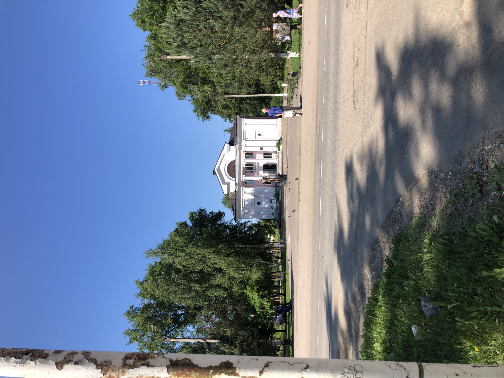 A wide shot captures a street scene in Safonovo, Russia, on a clear, sunny day. In the foreground, a textured, weathered metal pole with peeling white paint is positioned on the left. A two-lane asphalt road with white lane markings dominates the mid-ground, bordered by a grassy area on the left and a sidewalk on the right. Several pigeons are visible on the road and sidewalk.
Across the road, a light pink building with white columns and a pediment stands centrally. To the left of the building, two individuals are seated on a park bench amidst trees and a lamppost. To the right of the building, a man in a blue shirt and dark pants stands holding a white plastic bag, and further to the right, a woman in a colorful dress walks away from the camera. A tree with a signpost is located near the woman. Behind the building and people, a dense line of green trees forms the background, with a cellular tower visible in the sky to the far right. Shadows from trees are cast across the road.