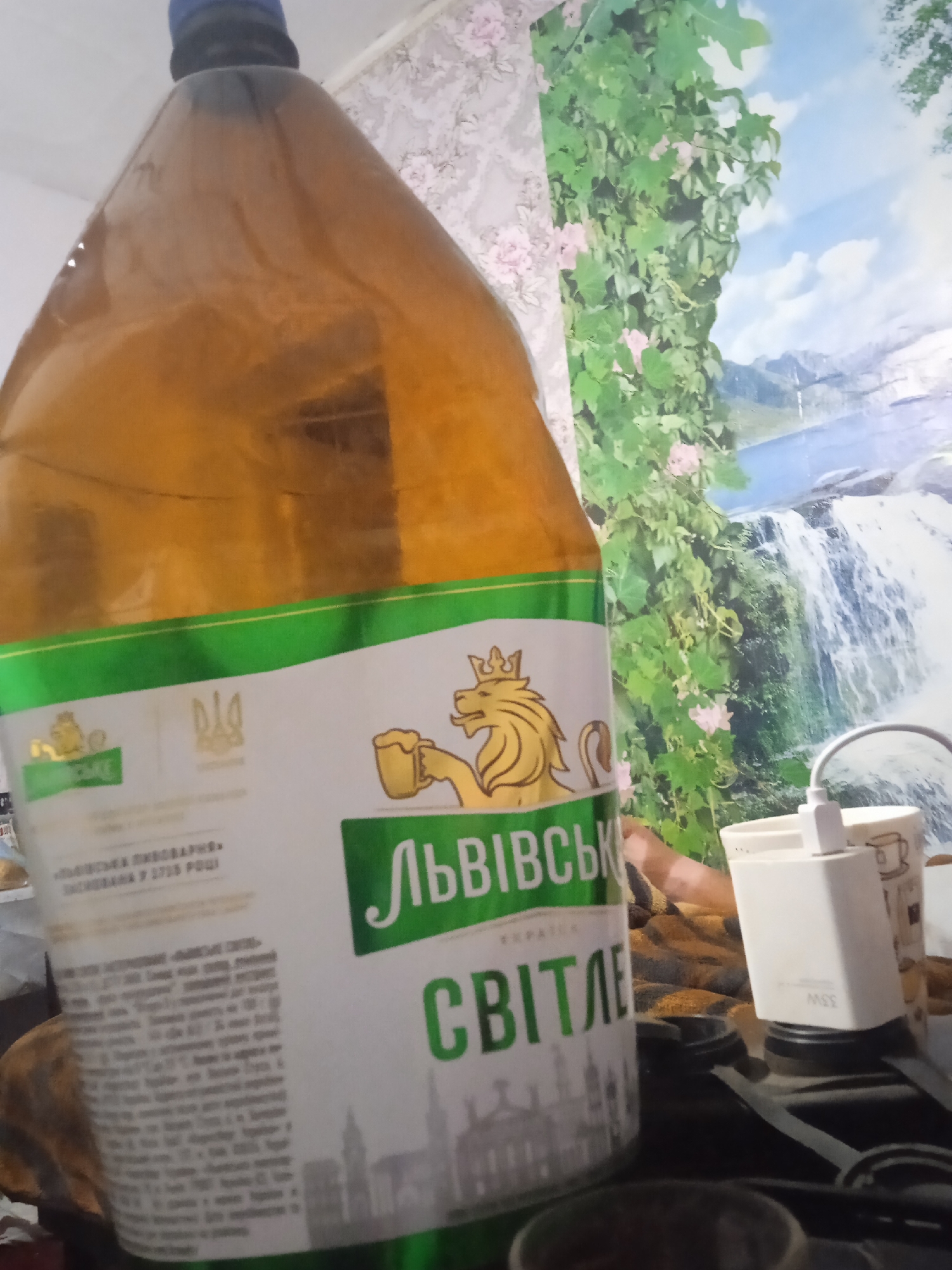 This is a close-up, eye-level shot of a large plastic bottle of Lvivske beer, a Ukrainian brand. The bottle, filled with amber-colored liquid, dominates the left side of the frame. Its label features a green and white design with a stylized lion wearing a crown and holding a mug of beer, along with the Ukrainian trident symbol. Text on the label is partially visible, including "Львівська пивоварня" (Lviv Brewery) and "СВІТЛЕ" (light).
To the right of the bottle, a white power bank with "35W" visible on its side sits on a black surface. Behind the bottle and power bank, a wall is decorated with a large mural or wallpaper depicting a lush green waterfall cascading into a body of water, with mountains in the background and a cloudy blue sky. The lighting appears to be artificial, suggesting an indoor setting. There are no people visible, and the overall mood is neutral. The scene is static, with no discernible activity or event taking place.