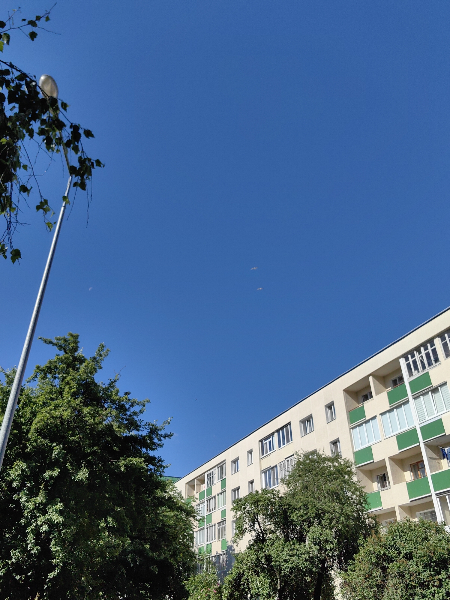 The image is a photograph taken in Minsk, Belarus, on a clear, sunny day. It captures a view of an apartment building with a light-colored facade and green balconies, partially obscured by lush green trees. In the foreground, a lamppost is visible, along with branches and leaves from a tree. The sky is a vibrant, cloudless blue, with a faint, crescent-shaped moon visible in the distance. There are no people or discernible activities depicted in the image. The scene suggests an urban residential area.