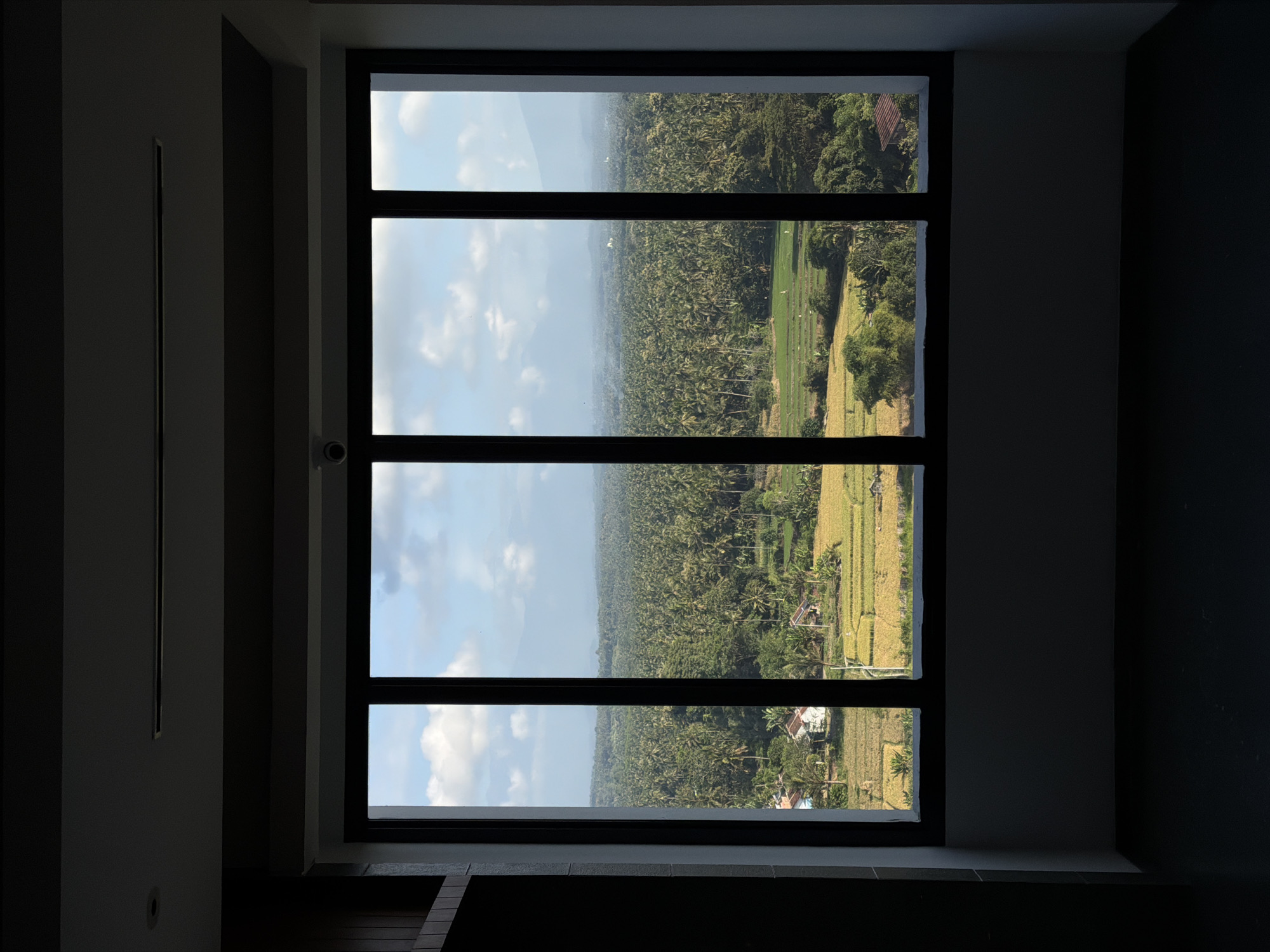 A wide-angle shot captures a view of a tropical landscape through a large, black-framed window. The window is divided into four panes by thick black mullions. The scene outside is lush and green, with a dense canopy of trees, likely palm trees, stretching as far as the eye can see. Patches of bright green rice paddies are visible interspersed within the greenery, suggesting agricultural activity. Small buildings with red and white roofs are scattered throughout the landscape, indicating a rural or semi-rural settlement. The sky above is a clear blue with scattered white clouds, suggesting fair weather.
The image appears to be taken from an interior space, looking outwards. The interior framing of the window is dark, with a lighter gray wall visible to the left. A thin, dark horizontal line is present on the left wall. A small, circular object, possibly a security camera or a light fixture, is mounted on the wall just above the bottom of the left window pane. The overall impression is one of a serene and picturesque natural setting, bathed in daylight. The orientation of the image is vertical. The location is identified as Dadapan, Indonesia.