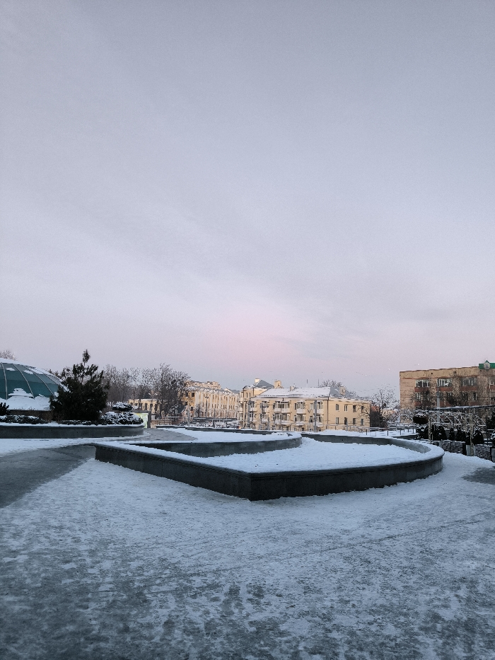 This is a winter cityscape photograph taken in Vinnytsia, Ukraine, depicting an urban park or public space covered in snow, with buildings in the background under a soft, overcast sky.
In the foreground, the ground is covered with a thin layer of snow and ice, showing patterns from foot traffic or melting. Modern, dark grey, curvilinear architectural elements, possibly planters or a dry fountain structure, are prominent, also topped with snow. To the left, a dark green, dome-shaped structure, possibly a greenhouse or part of a modern building, is partially visible, with a small evergreen tree next to it.
The mid-ground features a collection of multi-story buildings with varied architectural styles, some appearing older with decorative facades, bathed in a soft, yellowish light. Bare trees without leaves are scattered between the buildings and the park area. On the far right, another, possibly more contemporary, building is visible.
The sky occupies a significant portion of the upper frame, displaying a gradient of light grey to a subtle pinkish hue near the horizon, suggesting either early morning or late afternoon twilight. The light is diffused, indicating an overcast day. No people are visible, contributing to a sense of stillness and quiet. There is no discernible text in the image. The overall atmosphere is peaceful and cold, typical of a winter day.