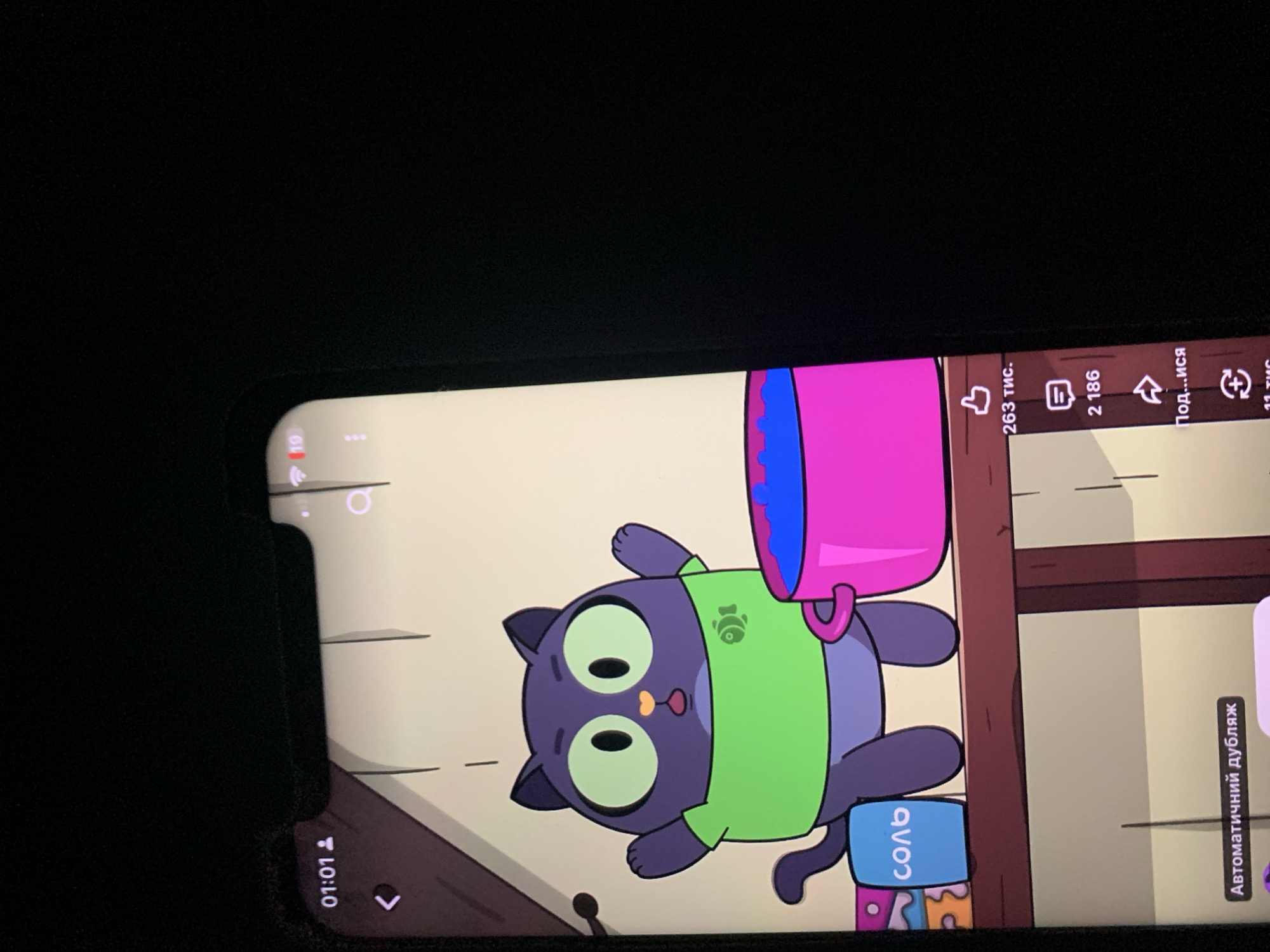 The image shows a smartphone screen displaying an animated video. The video features a purple cat character with large green eyes wearing a green t-shirt with a fish emblem. The cat is standing next to a pink pot filled with blue liquid. To the left of the cat is a blue container labeled "СОЛЬ" (which translates to "SALT" in Russian). The phone's interface is visible at the top, showing the time "01:01", a Wi-Fi icon, and a notification bubble with the number "19". Below the video, there are icons for likes ("263 тыс."), comments ("2 186"), and sharing. A text overlay at the bottom of the screen reads "Автоматичний дубляж" (which translates to "Automatic dubbing" in Ukrainian). The background of the video is a simple animation of a room. The image is taken from an angle, suggesting the phone is being held or placed on a surface. There is no information in the image that indicates a specific location in Zhmerynka, Ukraine, or any other geographical context.