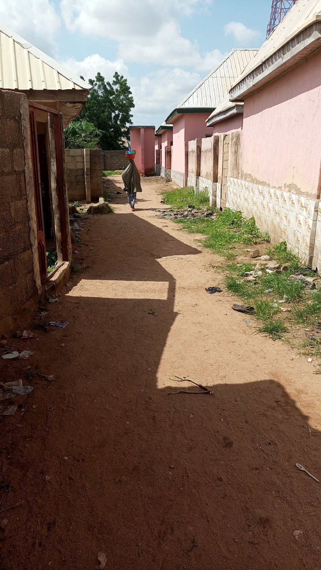 A woman walks down a sandy path in a residential area of Jalingo, Nigeria. She is wearing a dark green headscarf and a patterned skirt, and is carrying a red bowl on her head. The path is lined with pink buildings and some trees. There is some scattered trash and debris on the ground. The sky is partly cloudy.