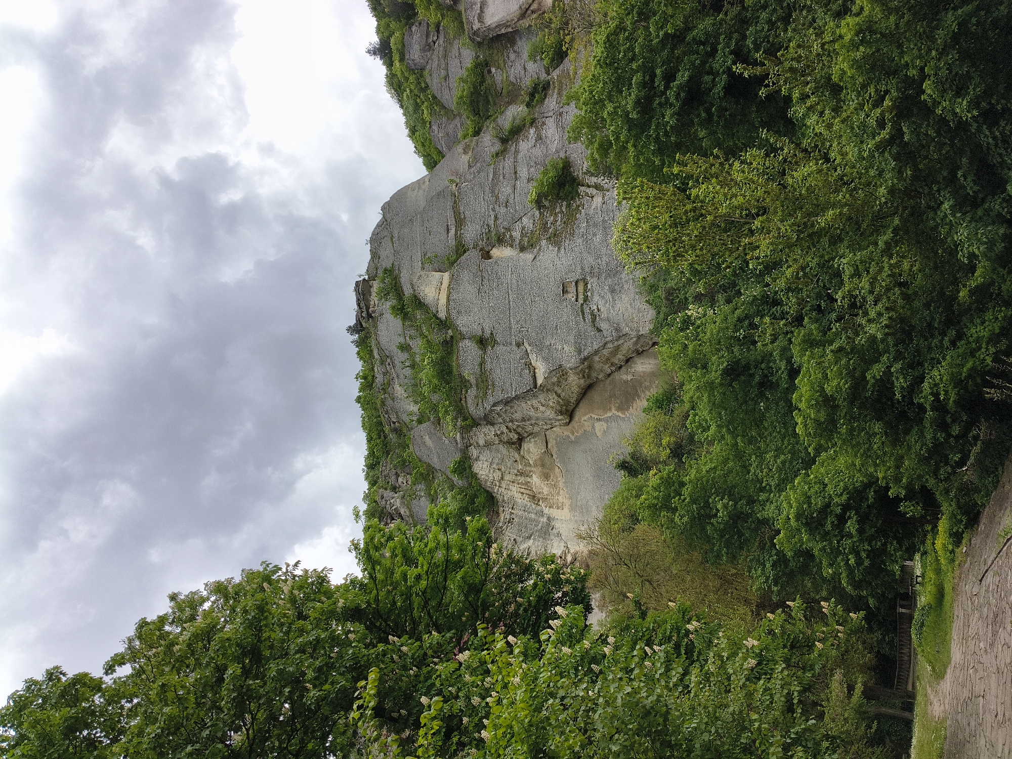 The image shows a large, grey rock formation with green vegetation growing on and around it, possibly part of the Madara Cliffs in Madara, Bulgaria. The sky above is overcast with grey clouds. The rock appears to have some hewn or naturally formed flat sections. A paved walkway runs alongside the vegetation at the bottom right of the frame.