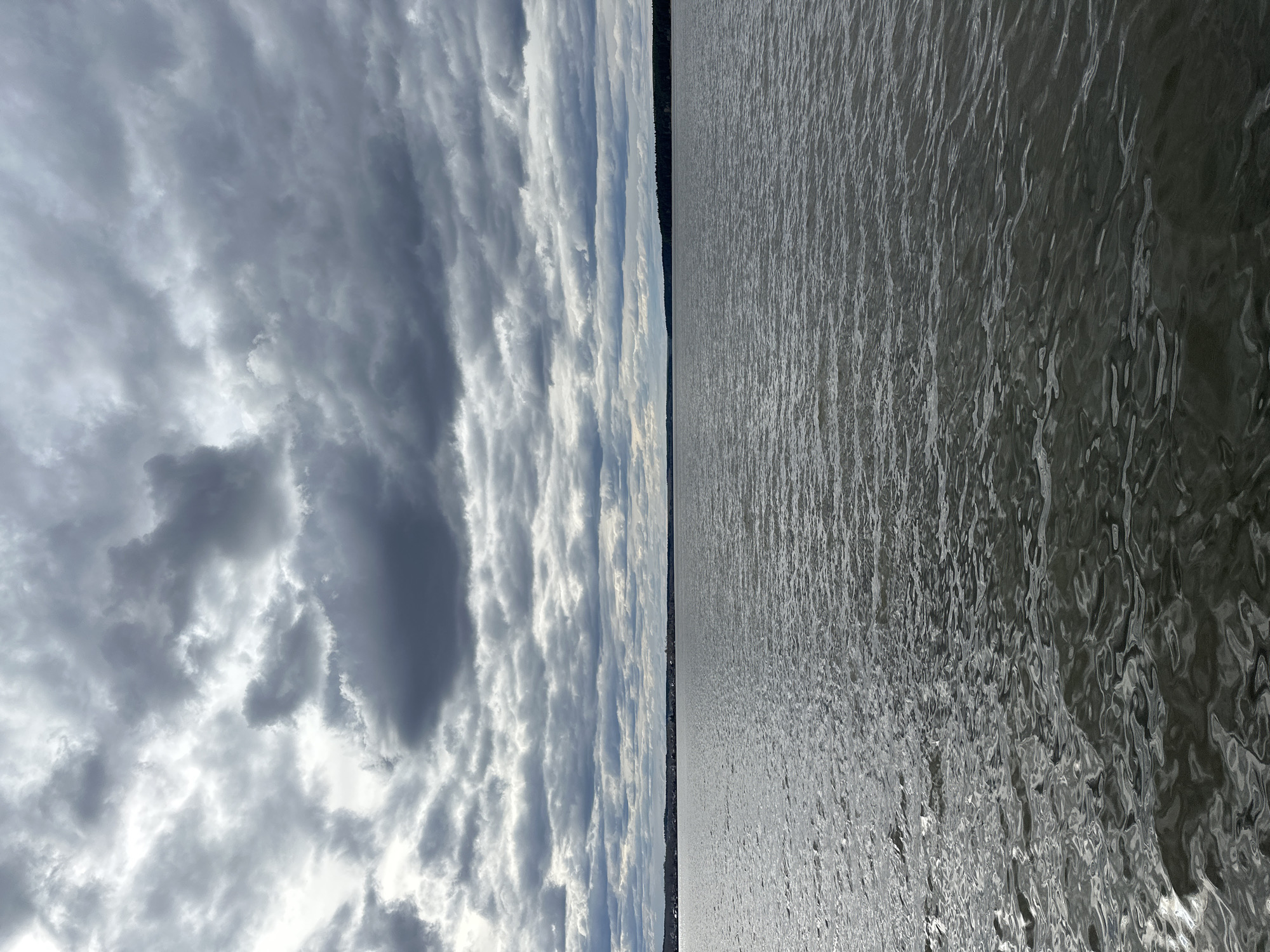 The image presents a landscape view divided vertically. The left side showcases a dynamic sky filled with layered clouds, varying in tones from light gray to dark gray. The cloud formations appear dense and textured. On the right side, a body of water, likely a lake or river, stretches out. The water surface reflects the light, creating a shimmering effect of silver and gray hues.
A thin strip of land, possibly a distant shoreline with trees, separates the sky and water. Given the request for a location in Votkinsk, Russia, this could be a view of the Votkinsk Reservoir or another body of water in the area, with the opposite shore visible in the distance. No people, subjects, specific objects, actions, or interactions are visible in this landscape. The environment appears natural, defined by the elements of sky, water, and a distant tree line.