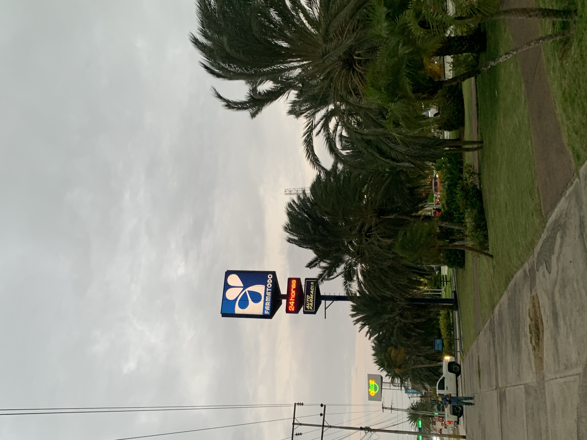 This media file captures a street scene in Pampatar, Venezuela, during dusk or twilight, characterized by an overcast sky.
The primary subjects are commercial signs, prominent palm trees, and a person beside a vehicle. In the foreground, a large, illuminated sign features the blue and white "FARMATODO" logo, a well-known pharmacy chain. Below it, two smaller illuminated signs read "24 horas" (24 hours) in red text and "AUTO FARMACIA" (Drive-thru Pharmacy) in white text on a dark background. Further down the road on the right, another green and yellow illuminated sign for "gigaz" is partially visible.
The setting depicts a roadside environment with a wide concrete sidewalk running along the right side of the frame. Adjacent to the sidewalk is a grassy median or verge, lined with numerous tropical palm trees with dense, feathery fronds. Utility poles and overhead power lines traverse the lower left portion of the sky.
On the right side of the road, a white pickup truck is parked or stopped, and a person, dressed in blue jeans and a light-colored top, stands beside it, facing away from the camera. Other distant vehicle lights are faintly visible further down the road, suggesting ongoing traffic.
The time of day is indicated by the soft, diffused light from the cloudy sky and the illuminated signs, which stand out against the fading daylight. There is no specific activity or event beyond the general presence of a person and vehicle on a road during the evening. The scene conveys a calm, everyday atmosphere of a commercial area in a tropical location.