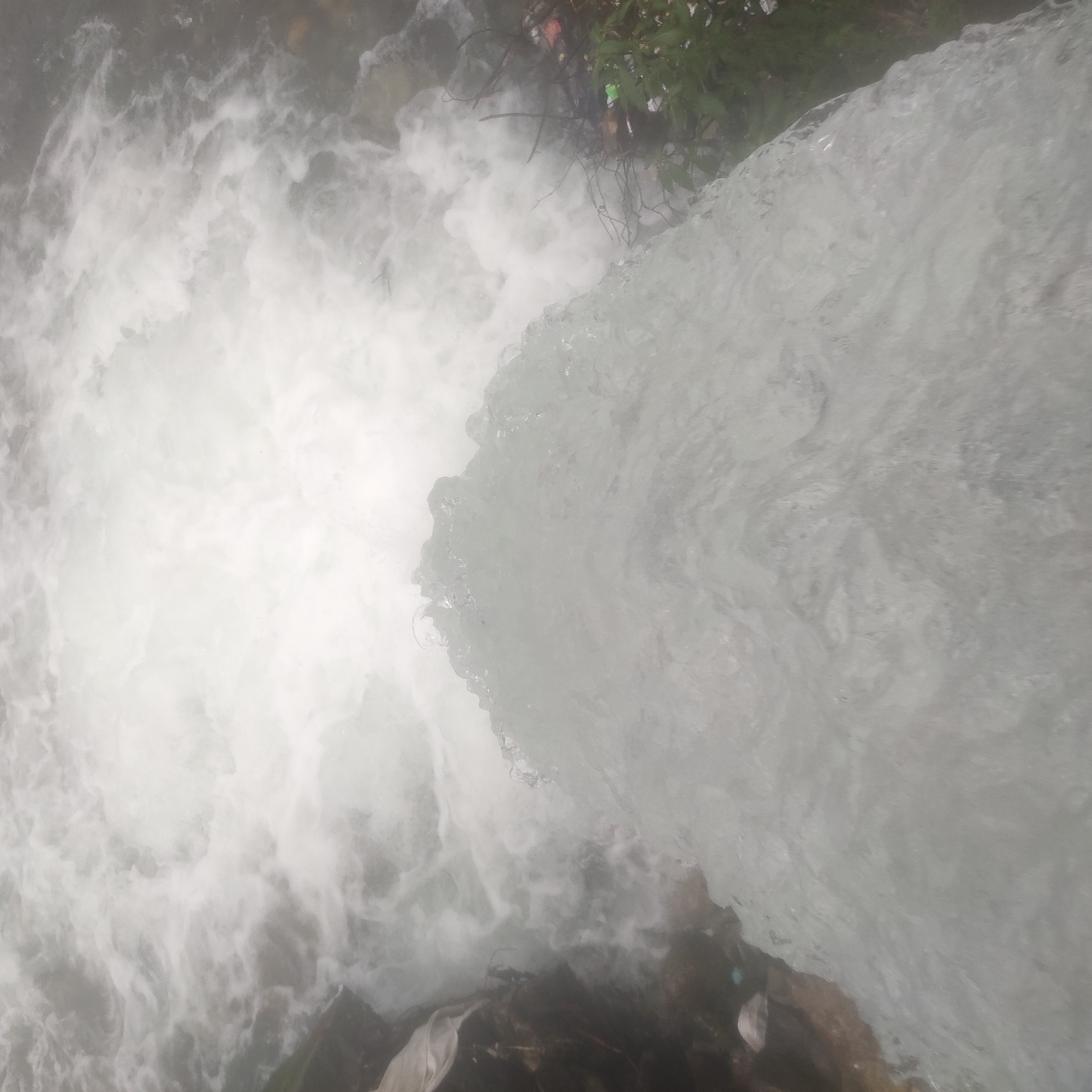 The image depicts a close-up view of a powerful water flow, likely a river or stream, with turbulent, foamy water dominating the frame. The water is a bright white and appears to be rushing downwards. On the left side of the image, the banks of the waterway are visible, with some debris and vegetation. The right side shows more dense vegetation and hints of other objects mixed with the foliage. The overall impression is one of raw natural force and the chaotic beauty of moving water. The context provided mentions Batahar, India, suggesting this is a natural landscape within or near that location.