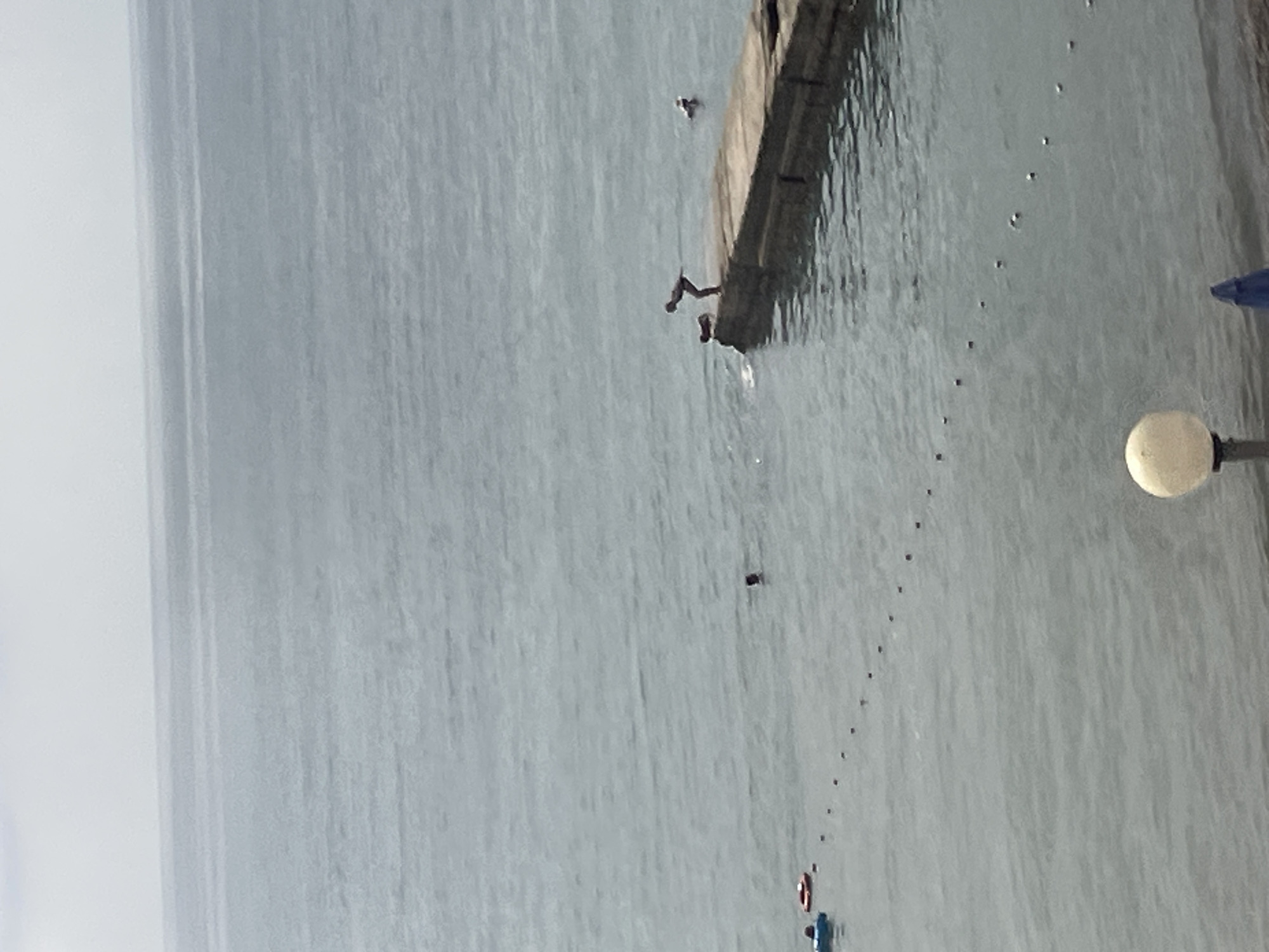 The image depicts a scene at a beach in Sochi, Russia, on a cloudy day. The sea is calm and gray. In the middle ground, a concrete pier extends into the water. Two individuals are on the pier; one is standing with their back to the camera, leaning forward as if about to jump or dive into the water. Another person is partially submerged in the water near the edge of the pier. In the background, a few more people are visible swimming or floating in the sea. To the left, there are some small inflatable watercraft and a rope with buoys marking a swimming area. In the foreground, a lamppost with a globe-shaped light fixture and a partially visible blue umbrella suggest a beachside promenade.