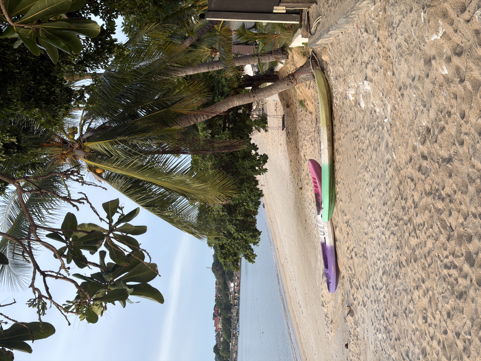 The image shows a beach scene in Baan Bang Rak, Thailand. In the foreground, two kayaks are resting on the sand, one purple and white, the other lime green and white. Behind them, palm trees and other lush green foliage create a natural canopy. A swing set is visible under the trees. Further back, the calm, blue water of the sea stretches towards a distant shoreline lined with buildings. The sky is a pale blue with some clouds. The overall impression is a tranquil beach setting.
