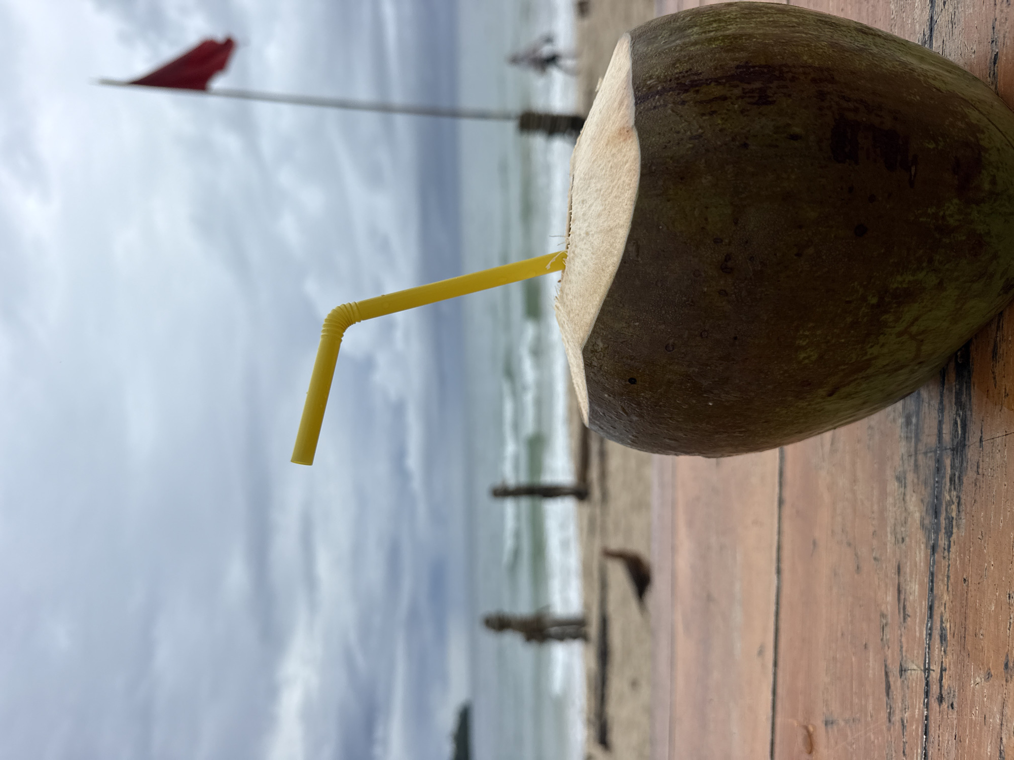 In Choeng Thale, Thailand, a fresh coconut with a yellow straw is placed on a wooden table, its top opened. The coconut is in the foreground, slightly to the right of center, and its skin is a dark green with some lighter streaks. In the background, a beach scene unfolds under a cloudy sky. The ocean, with gentle waves, meets a sandy shore where a few blurry figures can be seen. A red flag is prominently displayed on a pole to the right, indicating beach conditions. A bird is visible on the sand in the mid-ground, adding a touch of wildlife to the tranquil setting. The overall atmosphere is serene, with a sense of relaxation and vacation.