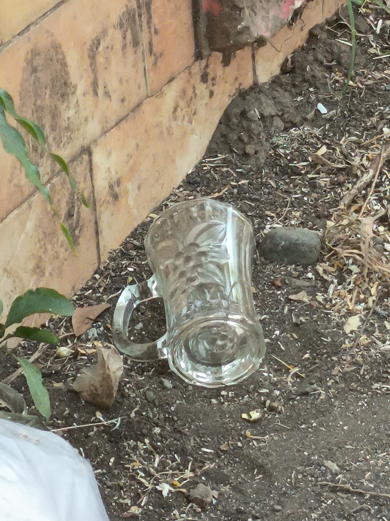 A clear glass mug with a handle and an embossed floral pattern is lying on its side on the ground. The mug is positioned on dark soil mixed with debris, including small twigs, leaves, and what appears to be wood shavings. Behind the mug is a low wall constructed from rough, tan-colored bricks. Green leaves are visible in the foreground and to the left of the mug, some growing near the wall. The environment suggests an outdoor setting, possibly a garden or yard area.