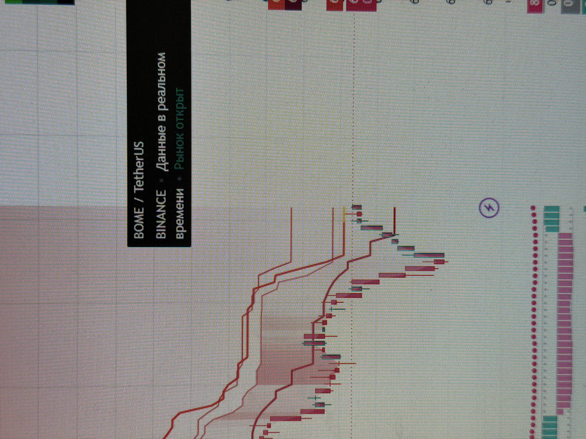 This is a close-up photograph of a computer screen displaying a cryptocurrency trading chart. The chart shows price movements with red and green candlestick patterns, along with red lines indicating trend indicators. A black bar at the top of the screen displays trading information, including "BOME / TetherUS," "BINANCE," "Данные в реальном времени" (Real-time data), and "Рынок открыт" (Market open). The image is pixelated, suggesting it was taken with a camera at an angle to the screen. The overall environment appears to be indoors, likely an office or home setting, given the presence of a computer. There are no identifiable landmarks or contextual clues that would place the image specifically in Homyel, Belarus.