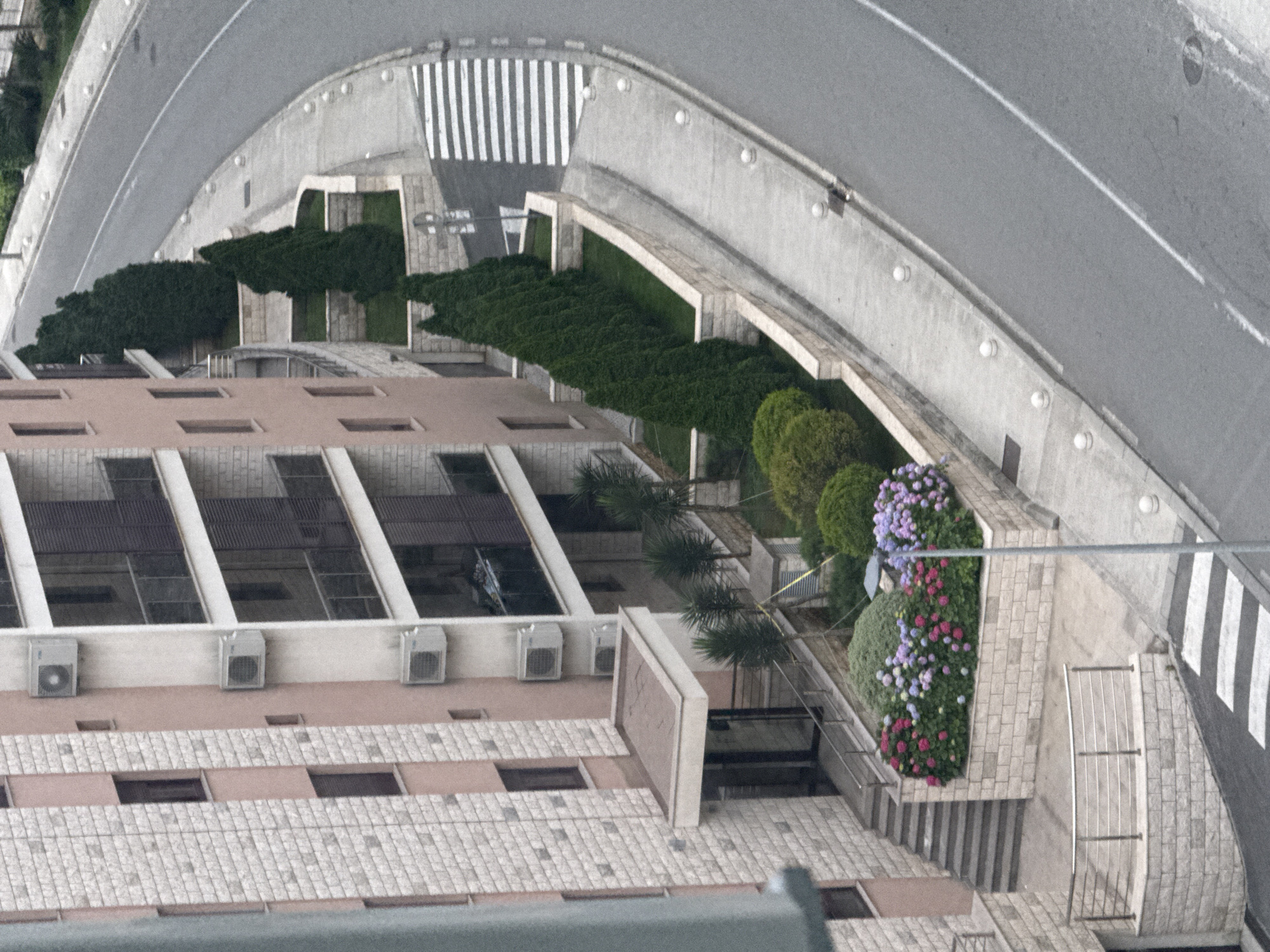 The image captures a scene in Boreti, Montenegro, showcasing a modern residential building alongside a winding road. The building, with its light pink facade and white stone accents, features multiple balconies and visible air conditioning units. Adjacent to the building, a tiered garden area is meticulously maintained, featuring manicured lawns and a vibrant display of flowering shrubs, including hydrangeas in shades of pink and purple. A series of narrow steps leads up to the building's entrance.
The road, paved with asphalt, curves through the scene, bordered by a pedestrian walkway marked with white ball-shaped bollards. A crosswalk, clearly delineated with white stripes, intersects the walkway and road. Several tall, conical evergreen trees are planted in raised garden beds along the walkway, adding to the structured landscaping. Small palm-like trees are also visible near the building's entrance. The overall environment suggests a well-kept urban residential area with a focus on landscaping and pedestrian access.