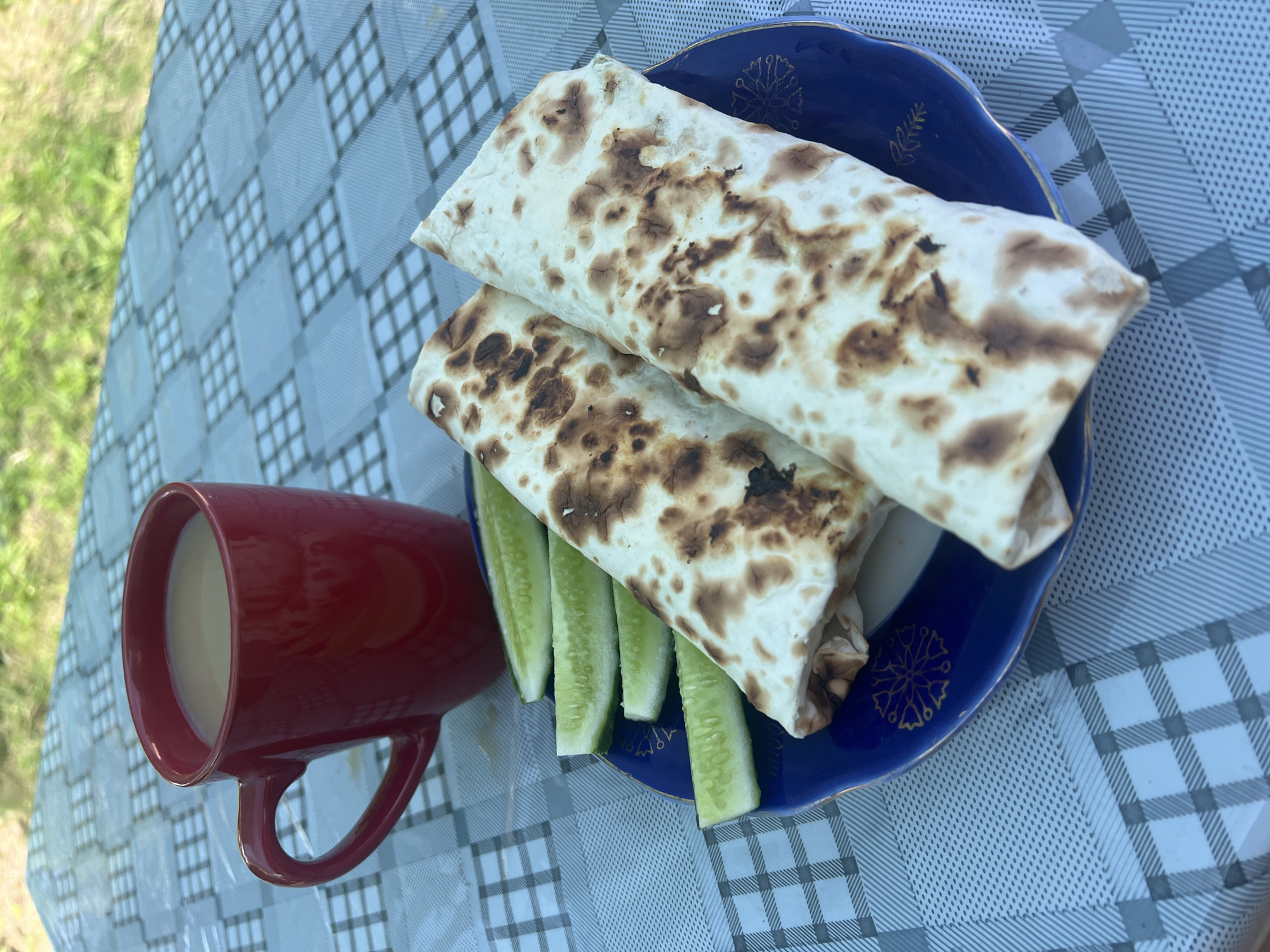 An overhead shot shows a red mug of coffee and a plate of food on a checkered tablecloth. The mug is to the left and contains a light brown liquid. The plate, to the right, is dark blue and has a gold trim and pattern. On the plate are two rolled-up burritos and four slices of cucumber. The burritos appear to be filled with a light-colored mixture and are wrapped in flatbread with browned grill marks. The cucumbers are sliced lengthwise into thin strips. The tablecloth is blue and white with a checked pattern, and the background is blurred green foliage, suggesting an outdoor setting.
