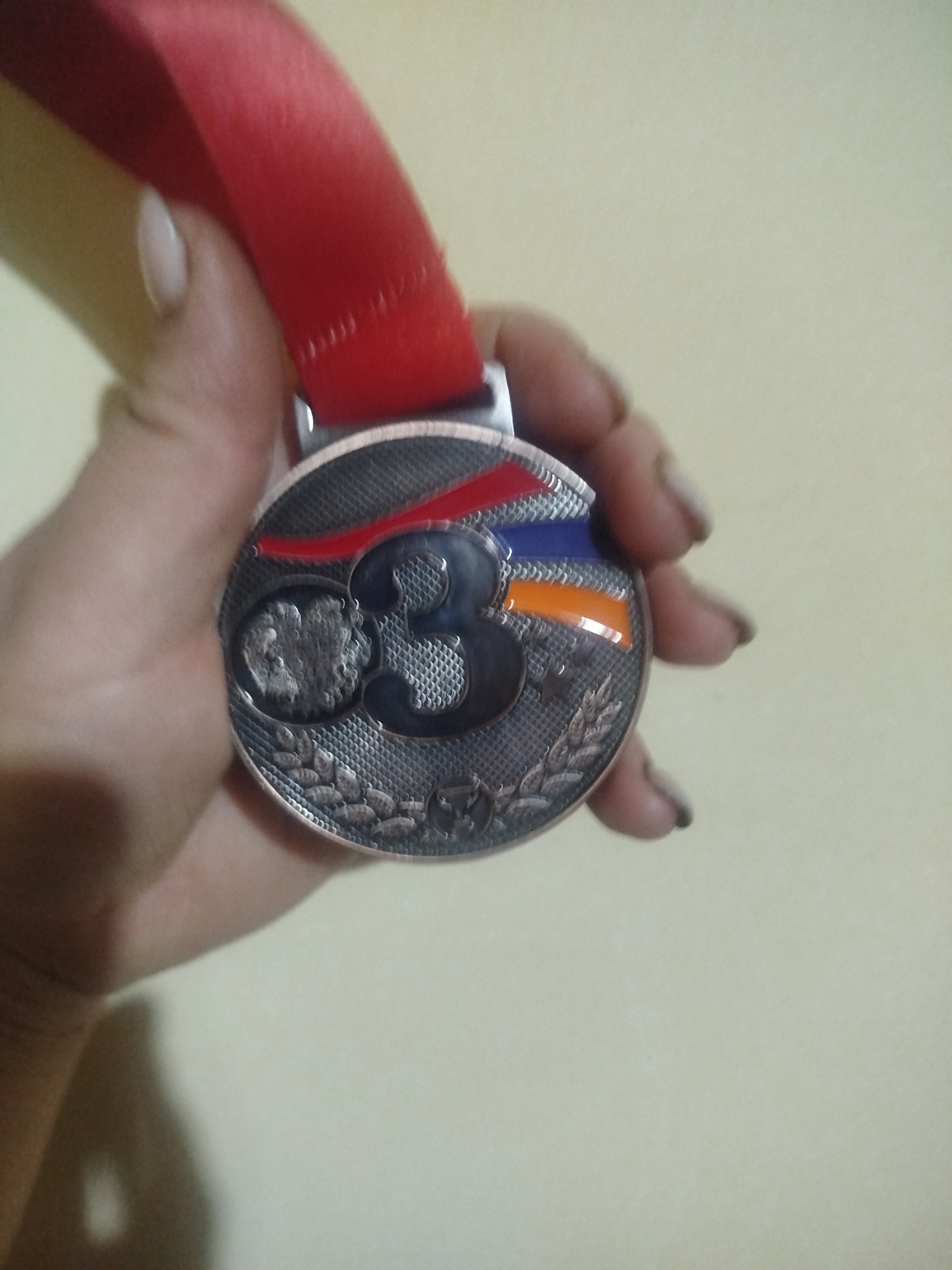A hand holds a silver medal with a red ribbon. The medal features a stylized "3" in the center, with a textured pattern surrounding it. There are also what appear to be laurel branches at the bottom of the medal. The background is a plain, light-colored wall. The image does not provide any specific information about the location within the city of Shahumian, Armenia.