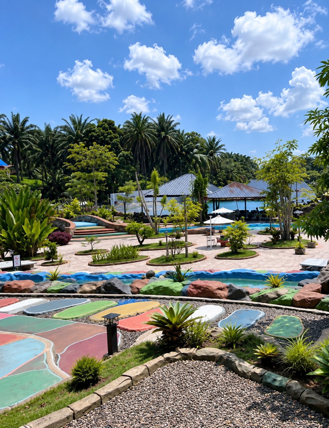 The image shows a brightly colored outdoor water park in Eampat Kwalamencirim, Indonesia. In the foreground, a patterned walkway with colorful, oval-shaped sections of pavement is surrounded by gravel and lush green plants. A black, modern-style lamppost stands on the gravel path. Beyond this, a blue and water-lined pool is visible, with rocks of various vibrant colors--red, blue, green, and gray--forming a decorative border. In the background, a dense line of palm trees and other tropical foliage create a verdant backdrop. Several small, open-air pavilions with metal roofs are interspersed among the trees, offering shade. The sky is a clear blue with scattered white cumulus clouds. No people are visible in the image.
