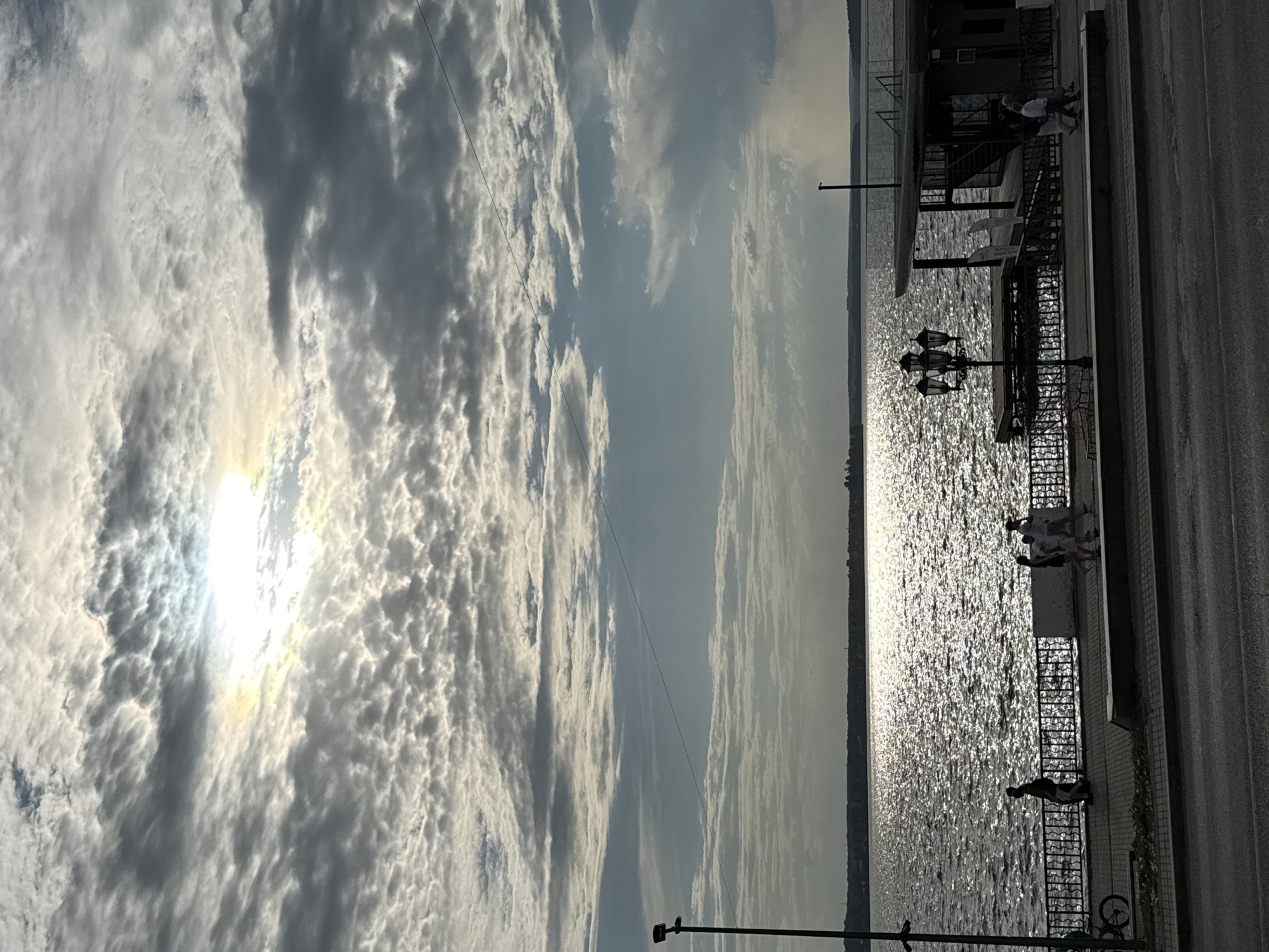 A landscape photograph reveals a scene at a riverbank near Votkinsk, Russia. The sky is overcast with layered altocumulus clouds and a bright sun obscured behind them. A power line stretches across the sky. To the right, the river reflects sunlight, its surface shimmering brightly. A paved sidewalk runs along the river, bordered by a black iron fence. People are present on the sidewalk and stairs leading down to the water. A building is partially visible at the top right corner, and lamp posts are positioned along the riverside.