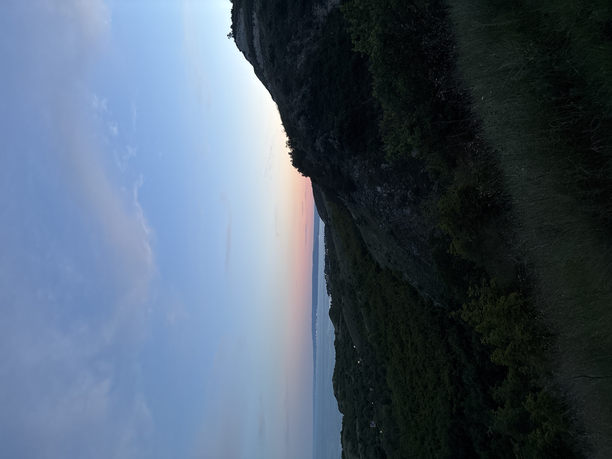 The image depicts a serene, dusky landscape in Topola, Bulgaria. The sky, a gradient of soft blues and pinks, transitions from a pale hue near the horizon to a deeper blue overhead, with scattered wispy clouds. In the distance, the Black Sea stretches out, meeting the coastline which is dotted with lights from buildings, suggesting a settlement. The foreground is dominated by rolling hills covered in dense, dark green vegetation, giving way to a steep, rocky incline on the right side of the frame. Tall grasses and wildflowers are visible in the bottom right corner, hinting at a natural, undeveloped area. The overall atmosphere is tranquil and evokes the peacefulness of twilight. There are no people or overt actions visible in the image.
