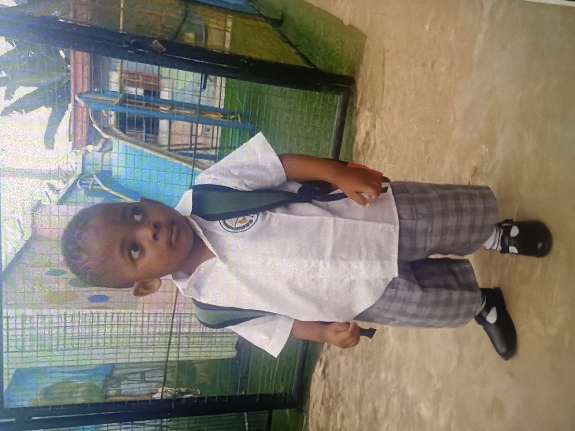 A young child, appearing to be around 3-4 years old, stands in what seems to be an outdoor play area. The child has dark skin and short, dark hair. They are wearing a white collared shirt with a school emblem on the left breast, plaid shorts, white socks, and black shoes. A dark green backpack is slung over their shoulders, with a portion of an orange strap visible on the right side. The child is looking to their right, with a slightly furrowed brow and wide eyes.
The background includes a metal fence with a grid pattern, and behind the fence, a colorful structure that resembles a playground slide and possibly other play equipment. There are also some large green leaves visible, suggesting the presence of plants or trees. The ground beneath the child is a light brown, sandy or dusty surface. The overall lighting suggests it is daytime. The scene appears to be set in a school or a public play area within a city, though the specific location is unknown.