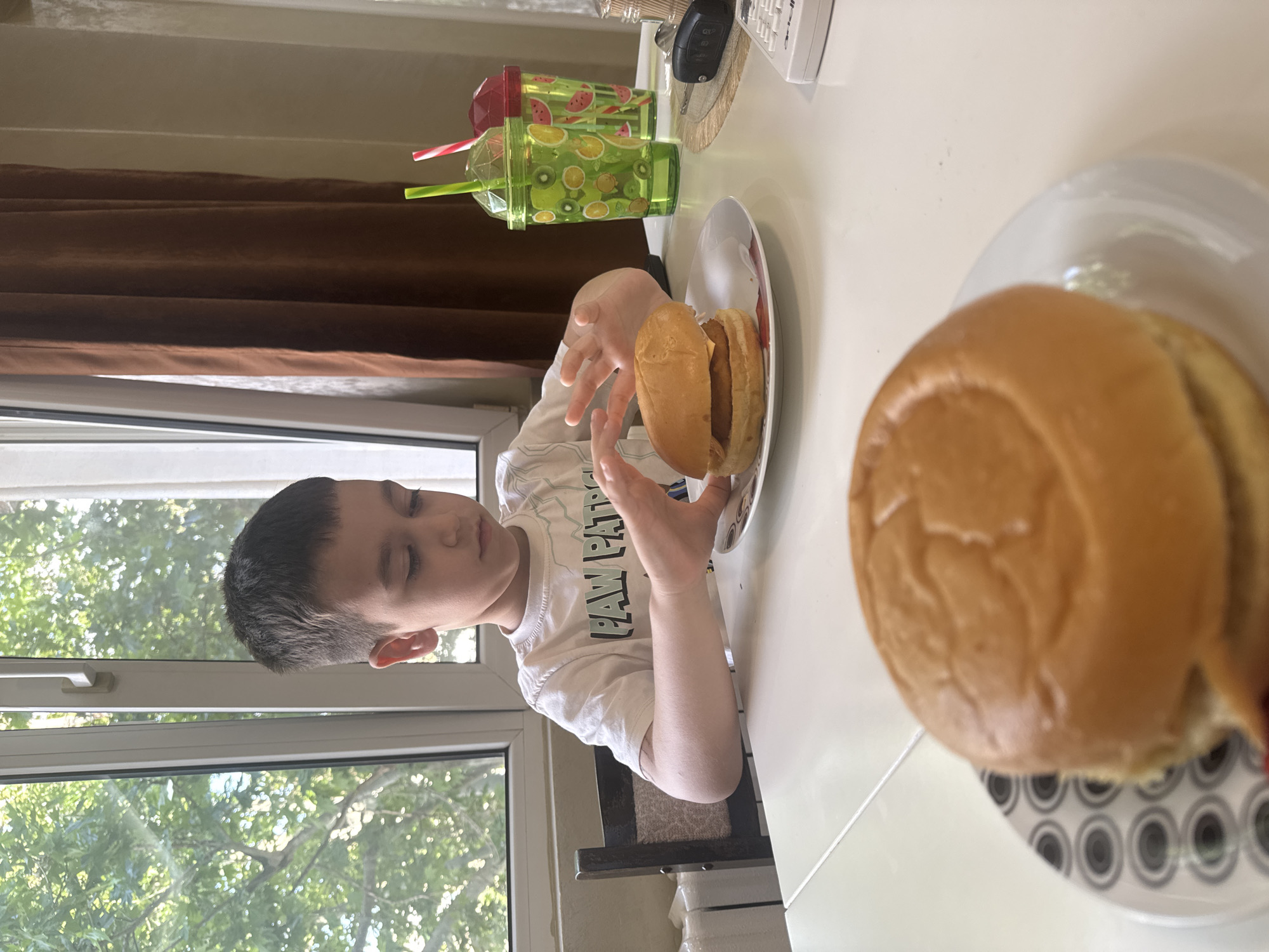 A young boy in a Paw Patrol t-shirt sits at a table by a window, reaching for a hamburger on a plate. A second hamburger sits on another plate. Two juice cups with straws and a remote control are on the table. Outside the window are green trees. The location is Pleven, Bulgaria.