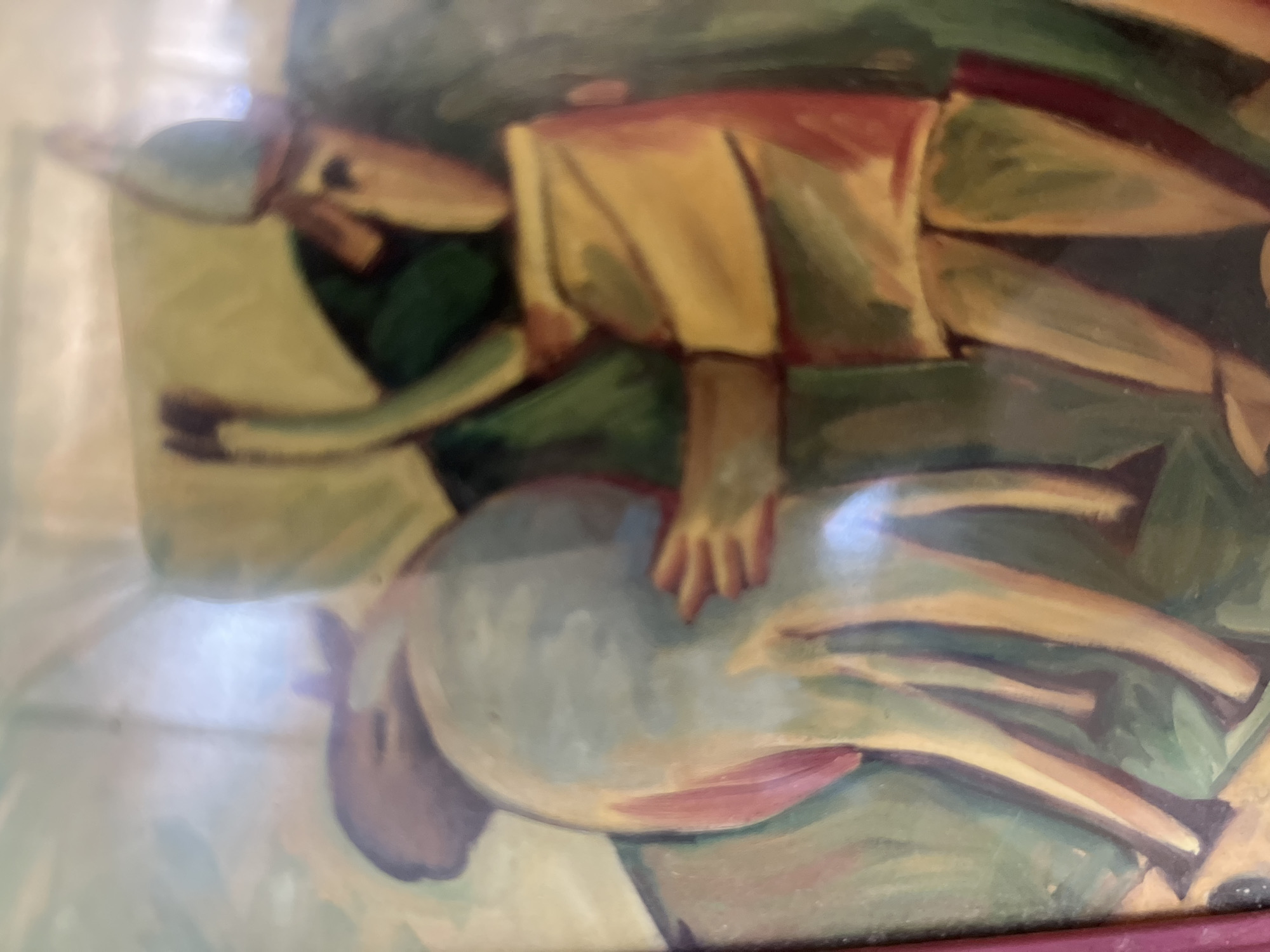 The image displays a painting executed in a style characterized by bold brushstrokes, simplified forms, and a vibrant, somewhat expressionistic color palette. It features two main subjects: a human figure and a large quadruped animal.
On the right side, a stylized human figure is depicted wearing a blue helmet-like head covering, an elongated, angular face with dark features, a yellow tunic, and red lower garments. The figure's left arm (viewer's right) is extended, with a hand placed on the flank of the animal. Its right arm (viewer's left) is raised upwards, interacting with a light green, undefined object in the upper right quadrant. The figure's legs are rendered with angular, blocky shapes in tones of yellow, green, and red.
On the left side, a large animal, resembling a horse or donkey, is presented from its rear-left. Its body is painted in shades of light grey and blue, with pronounced pink and red brushstrokes suggesting musculature on its hindquarters. A dark, purplish mass in the upper left suggests its head. The animal's legs are elongated and stylized, rendered in yellow and green tones.
The background is abstract, composed of broad strokes and blocks of green, yellow, and lighter hues, providing an indistinct environment. The scene portrays an interaction where the human figure appears to be guiding or attending to the animal.
This image is a painting and does not depict a specific, identifiable physical location within the city of Casablanca, Morocco, or any other geographical site.
