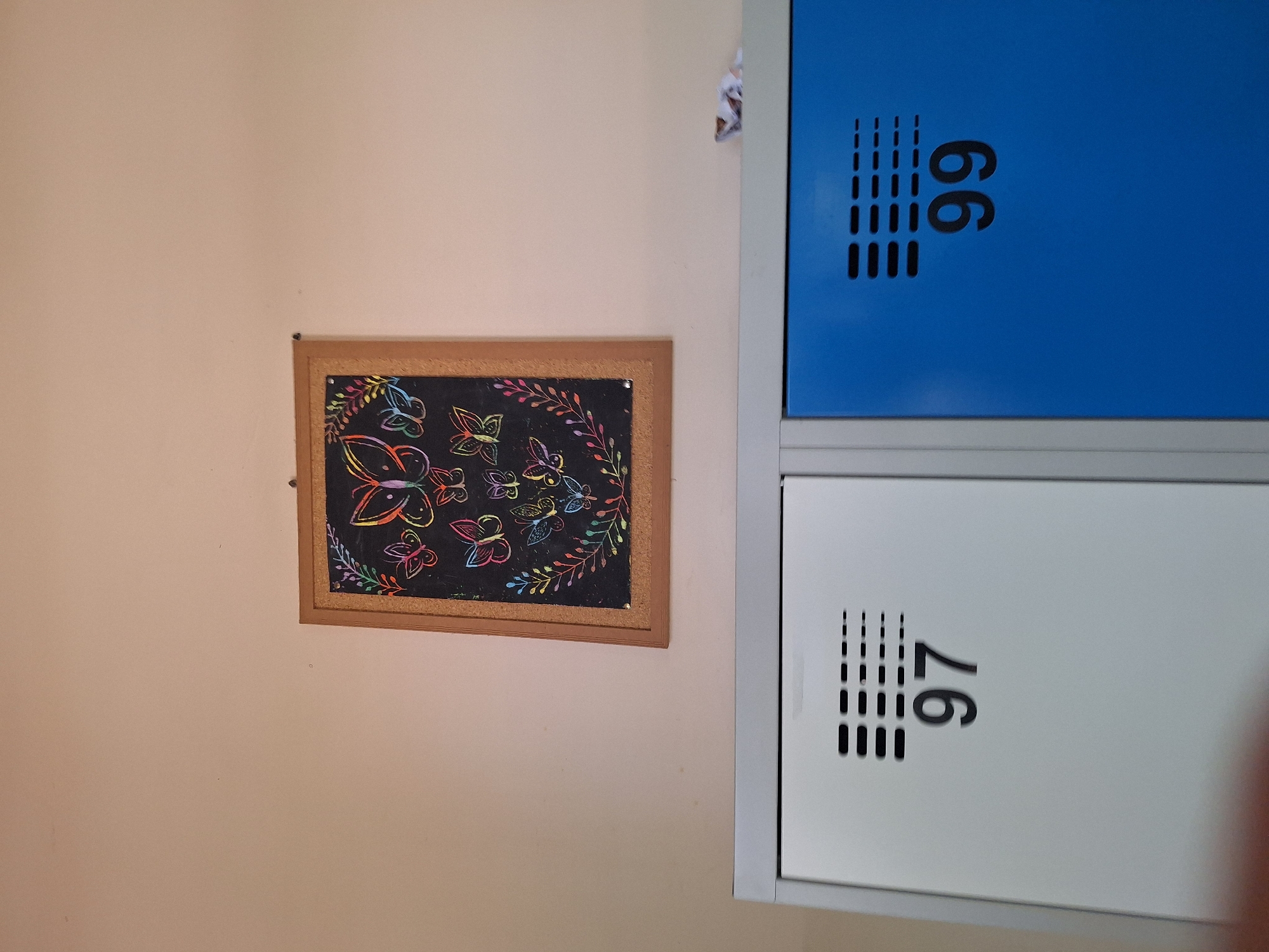 A framed artwork featuring colorful butterflies on a black background is displayed on a pale peach-colored wall. Below the artwork, a portion of two lockers is visible. The left locker is white and displays the number "97". The right locker is blue and displays the number "99". Both lockers have a ventilation grille above the numbers. The scene appears to be indoors, likely in a school or similar institutional setting, in the city of Varna, Bulgaria.