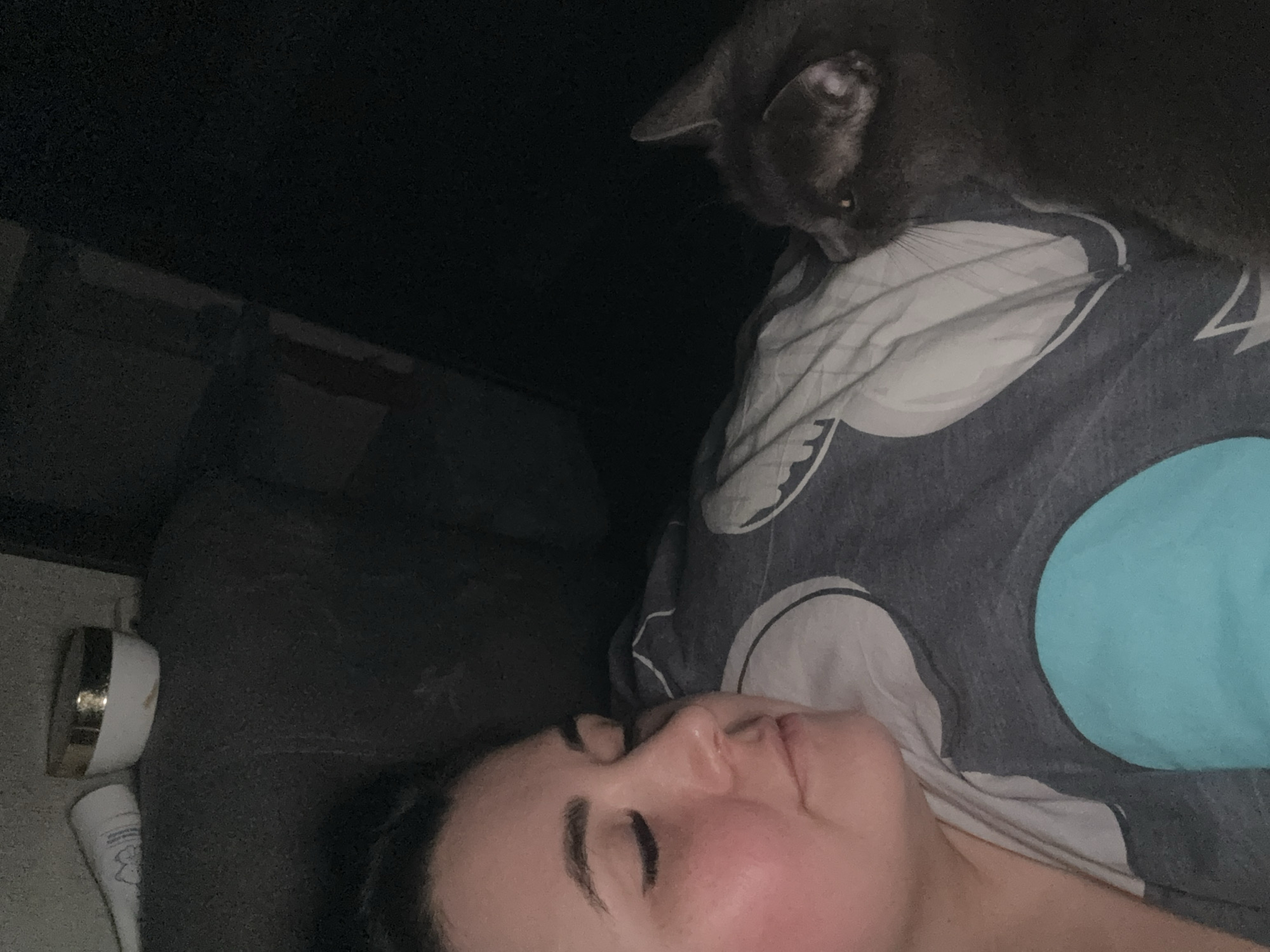 A woman is lying in bed next to a gray cat. The woman's face is visible, and her eyes are closed. The cat is perched on the pillow near her head. Various skincare products are visible on a nearby surface. The photo was taken indoors, in low light. The location in the city of Chaikovsky, Russia, cannot be determined from the image.
