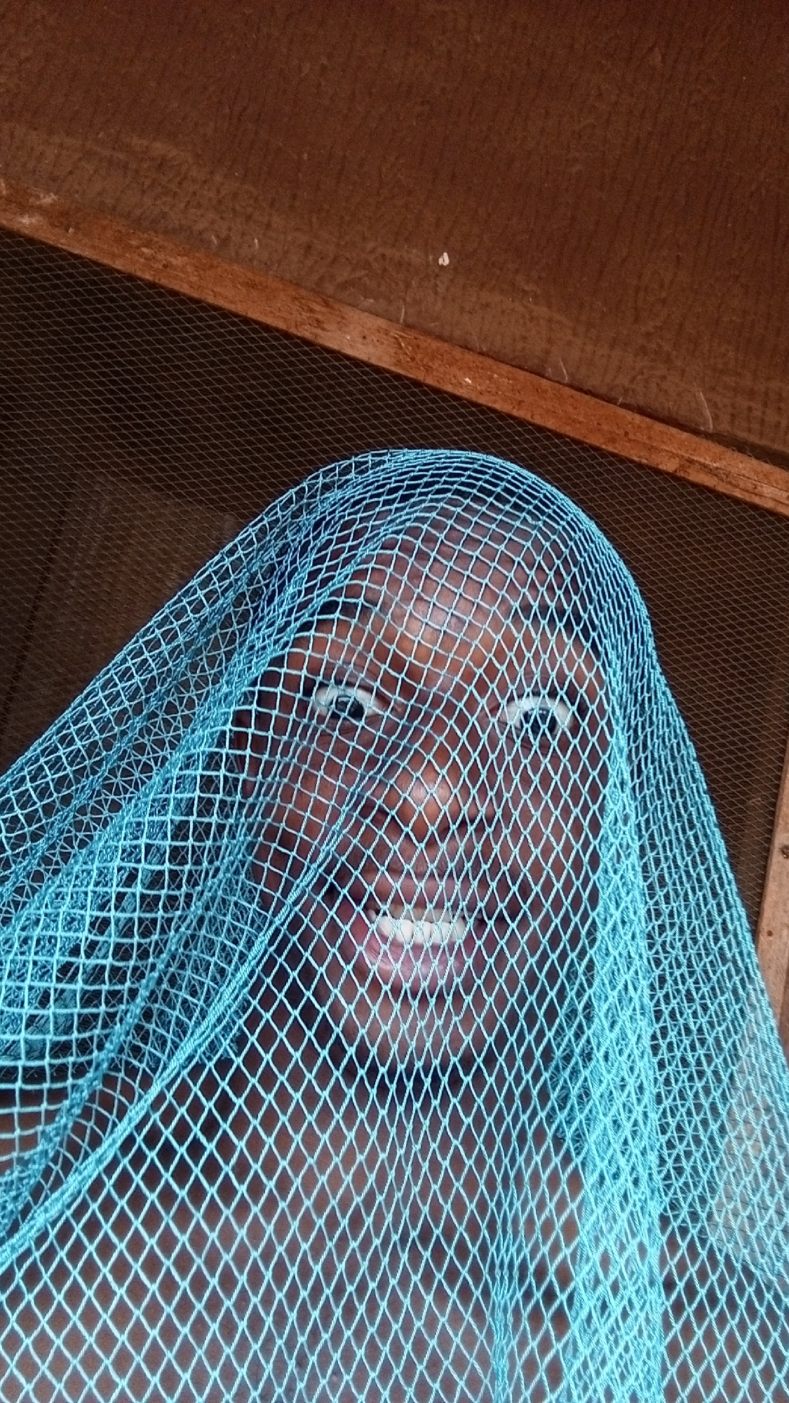 A person with dark skin is covered in a blue, grid-patterned net. The person is smiling, revealing their teeth. The background consists of a dark brown, textured surface, possibly wood paneling or a ceiling. The net is draped over the person's head and body. The image may have been taken indoors. There is no verifiable information about the location being in the city of Onitsha, Nigeria.