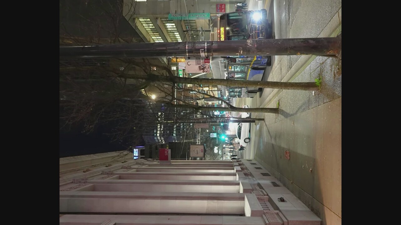 This image depicts a nighttime street scene in Vancouver, Canada, likely in the downtown core given the architecture and the presence of a public transit bus. On the left, a stately building with a light-colored stone facade, featuring pilasters and decorative cornices, lines the sidewalk. The sidewalk itself is paved and shows signs of wear, with scattered leaves and a pair of pink flip-flops visible. Several bare-branched trees are planted along the sidewalk, casting long shadows.
The street runs to the right, where a blue and yellow public transit bus, identified by "DOWNTOWN" displayed on its front, is driving towards the viewer. The bus has its headlights on, illuminating the street. A white sedan is parked on the street, further down from the bus. In the background, taller modern buildings with illuminated windows rise, indicating an urban environment. Traffic lights are visible, with one appearing green. A few pedestrians are walking on the sidewalk in the distance. The overall atmosphere is that of a well-lit city street at night.