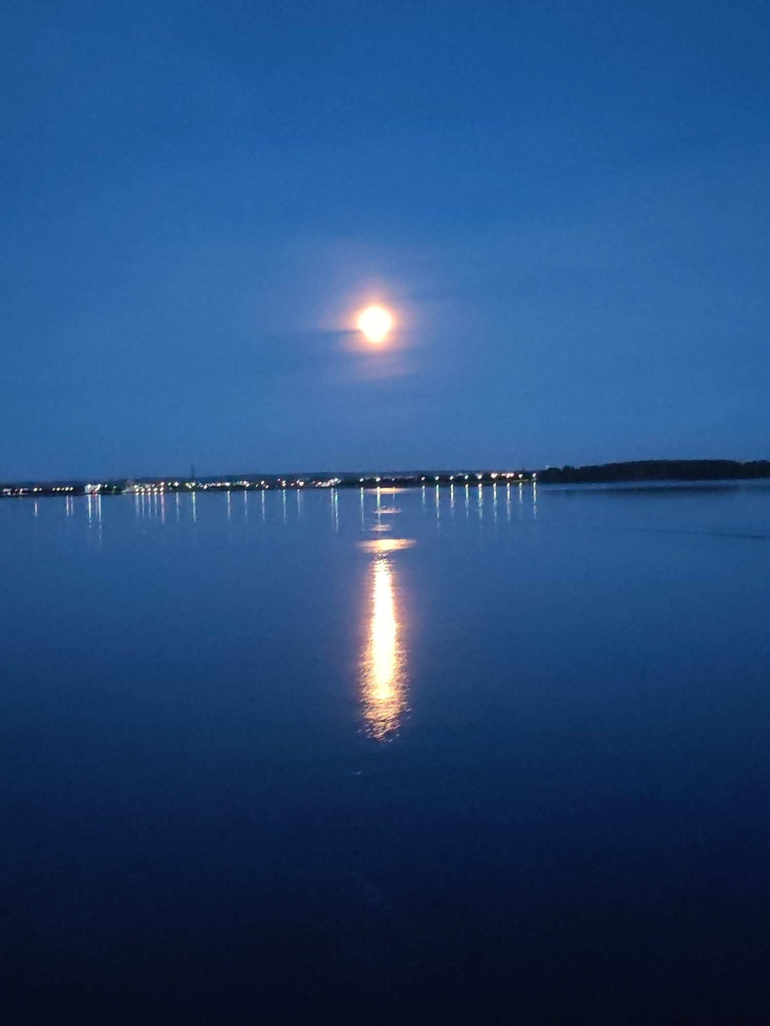 This is a photograph of a body of water at dusk, with a luminous moon in the clear, deep blue sky. The moon's reflection shimmers on the dark water, creating a bright, elongated streak of light. Along the distant horizon, a faint line of lights suggests a town or city, with their reflections also visible on the water's surface. The overall scene conveys a sense of calm and quiet. Based on the provided context, this image depicts a scene in the city of Sheksna, Russia.