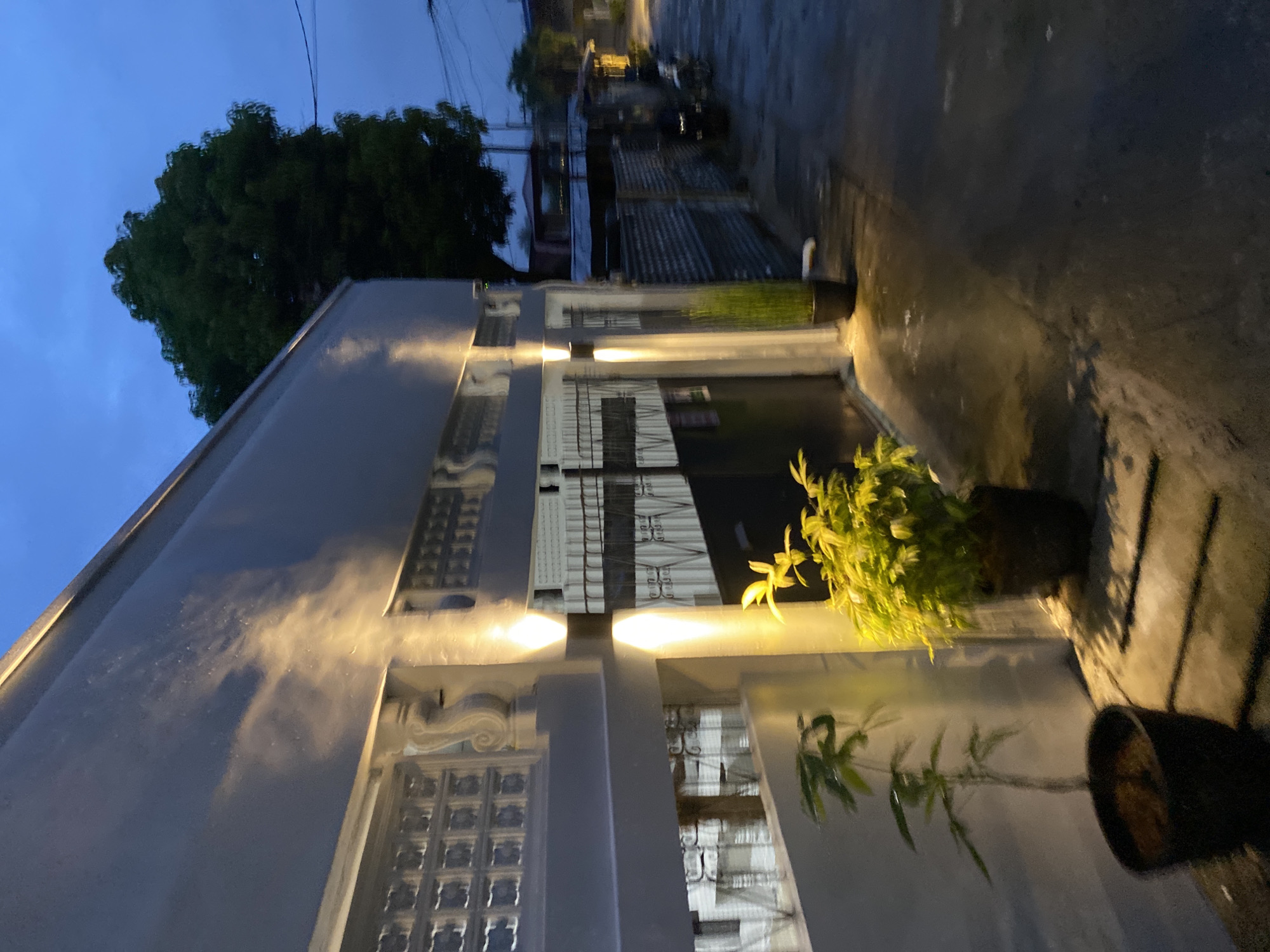 The image captures a dimly lit street scene in Davao City, Philippines, likely taken at dusk or after rainfall, given the wet pavement. The foreground features a modern building with a textured wall illuminated by two upward-facing wall lights. In front of the building, two potted plants are visible: a smaller, spindly plant on the left and a fuller, leafy plant on the right. The building's facade includes decorative glass blocks and ornate railings.
To the right of the building, a narrow, paved alleyway extends into the background. The alley is bordered by corrugated metal fences, suggesting a residential or mixed-use area. In the distance, glimpses of other structures and trees can be seen, along with a motorcycle parked on the right side of the alley. The sky is a deep blue, indicating low light conditions. The overall impression is one of a quiet, possibly residential, street in the Philippines at the end of the day.