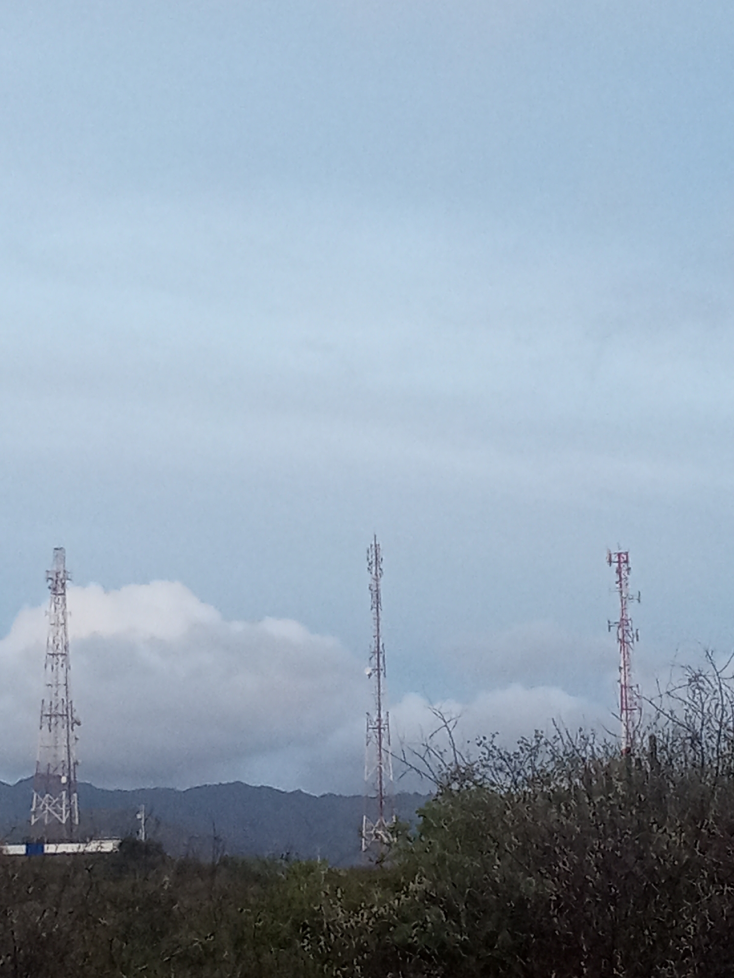 The image captures an outdoor scene, described as being in Altagracia, Venezuela, under an overcast sky characterized by light blue hues and scattered white and grey clouds. Three prominent lattice-structured telecommunication towers are positioned horizontally across the mid-ground. The leftmost and central towers are light-colored, while the rightmost tower displays distinct red and white sections. In the background, a range of dark-colored mountains or hills is visible beneath the cloud line. The foreground is dominated by dense, dark green and brown vegetation, including shrubs and trees with some bare branches, which partially obscure the lower portions of the towers and the mountain base. A segment of a white structure with blue detailing is partially visible above the foreground foliage, positioned beneath the leftmost tower. No human figures or discernible activities are present in the frame.
