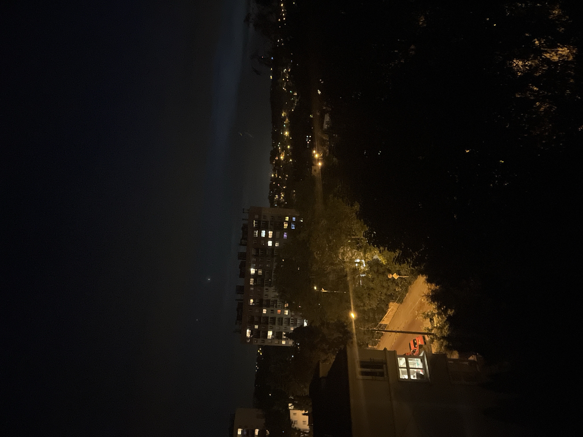 The image displays a nighttime urban or coastal scene, viewed from an elevated perspective. The lower-left portion of the frame is dominated by a vast, dark expanse, likely a body of water or a distant sky, with a subtle, shimmering line of light along what appears to be a distant horizon or shoreline. Two small, faint light points are also visible within this dark area.
Above this expanse, stretching across the mid-ground, is a prominent, tall building with many illuminated windows, suggesting a residential or office structure. Other smaller buildings with lit windows are scattered nearby. A line of sparkling lights indicates a more distant part of the city or a distant coastline.
Towards the right and upper parts of the image, dense, dark foliage from trees partially obscures the view. Peeking through the trees is a street or road, brightly lit by several orange-yellow streetlights. A red car is visible on this street, partially hidden by the vegetation. In the immediate foreground, on the right, is a portion of another building with one brightly lit window, contrasting with the surrounding darkness.
The time of day is clearly night, characterized by the dark sky and artificial light sources. No people or specific activities are discernible. There is no visible text. The scene conveys a quiet, still atmosphere.