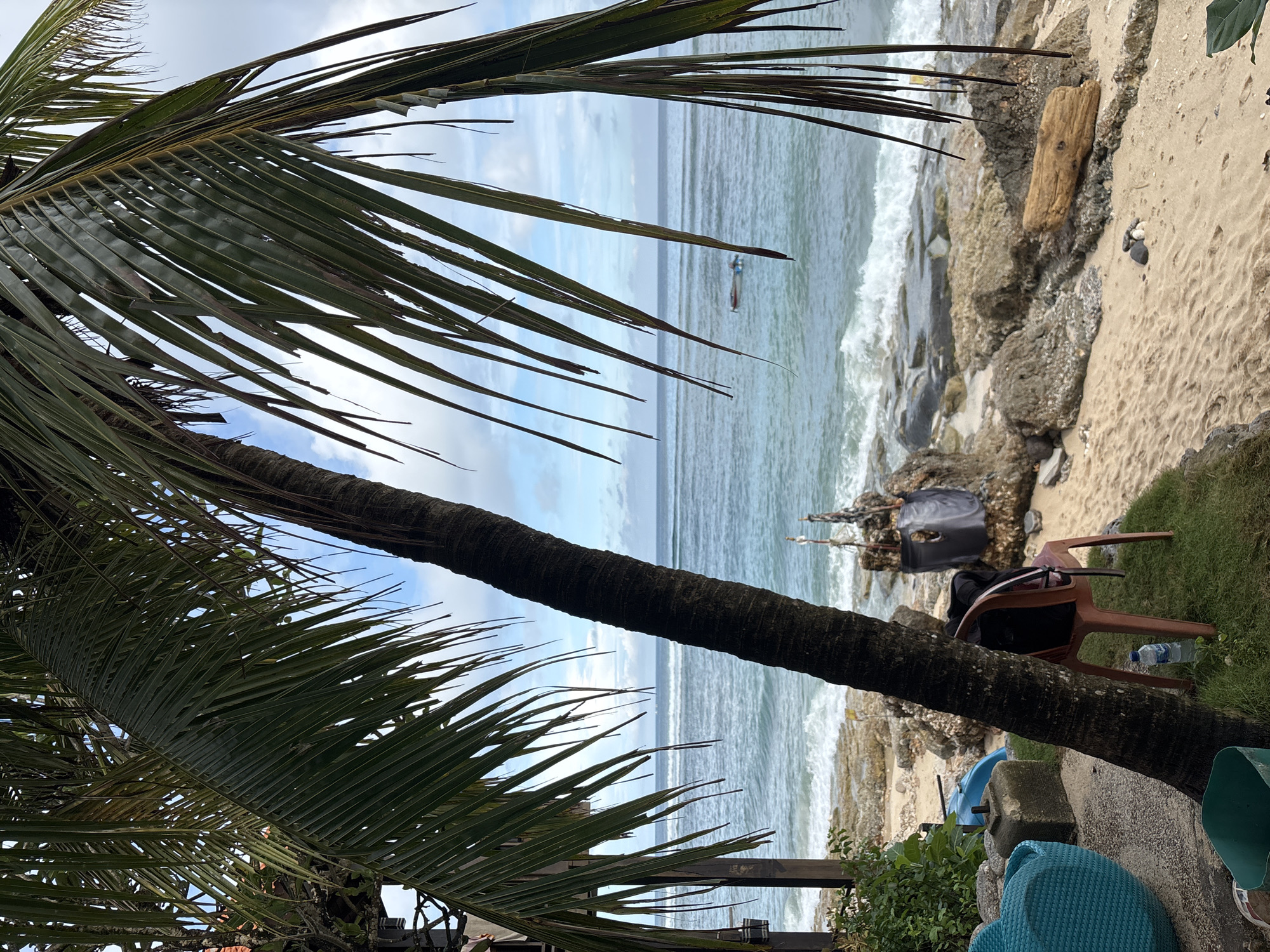This vertical shot captures a tranquil tropical beach scene, framed prominently by palm trees. In the foreground, large, verdant palm fronds extend from the top left and bottom left, creating a natural border for the view. A thick palm tree trunk runs vertically along the right side of the image.
Beyond the foliage, the expansive ocean stretches across the middle of the frame, its surface a light blue-green with gentle waves breaking near the shore. A small, light-colored boat, possibly a traditional fishing vessel or canoe, is visible in the distance on the water, with a silhouette of a person or object inside.
The coastline to the right of the ocean features a mix of rugged rocks and patches of light brown sand, where the waves create foamy white lines. Several pieces of driftwood or logs are scattered along this rocky-sandy edge.
In the bottom right corner, behind the large palm trunk, a patch of green grass indicates a land area. Here, a brown plastic chair is positioned, facing the sea, with a black bag or backpack resting on its seat. A clear plastic water bottle lies on the ground near the chair. Parts of a blue outdoor chair and a green bucket are also visible further to the left.
The sky above is partly cloudy, with a mix of blue and white clouds, suggesting a daytime scene, possibly late morning or early afternoon. The overall atmosphere is one of peaceful coastal relaxation in a tropical setting, consistent with Kuta Selatan, Indonesia. No discernible text is visible in the image.