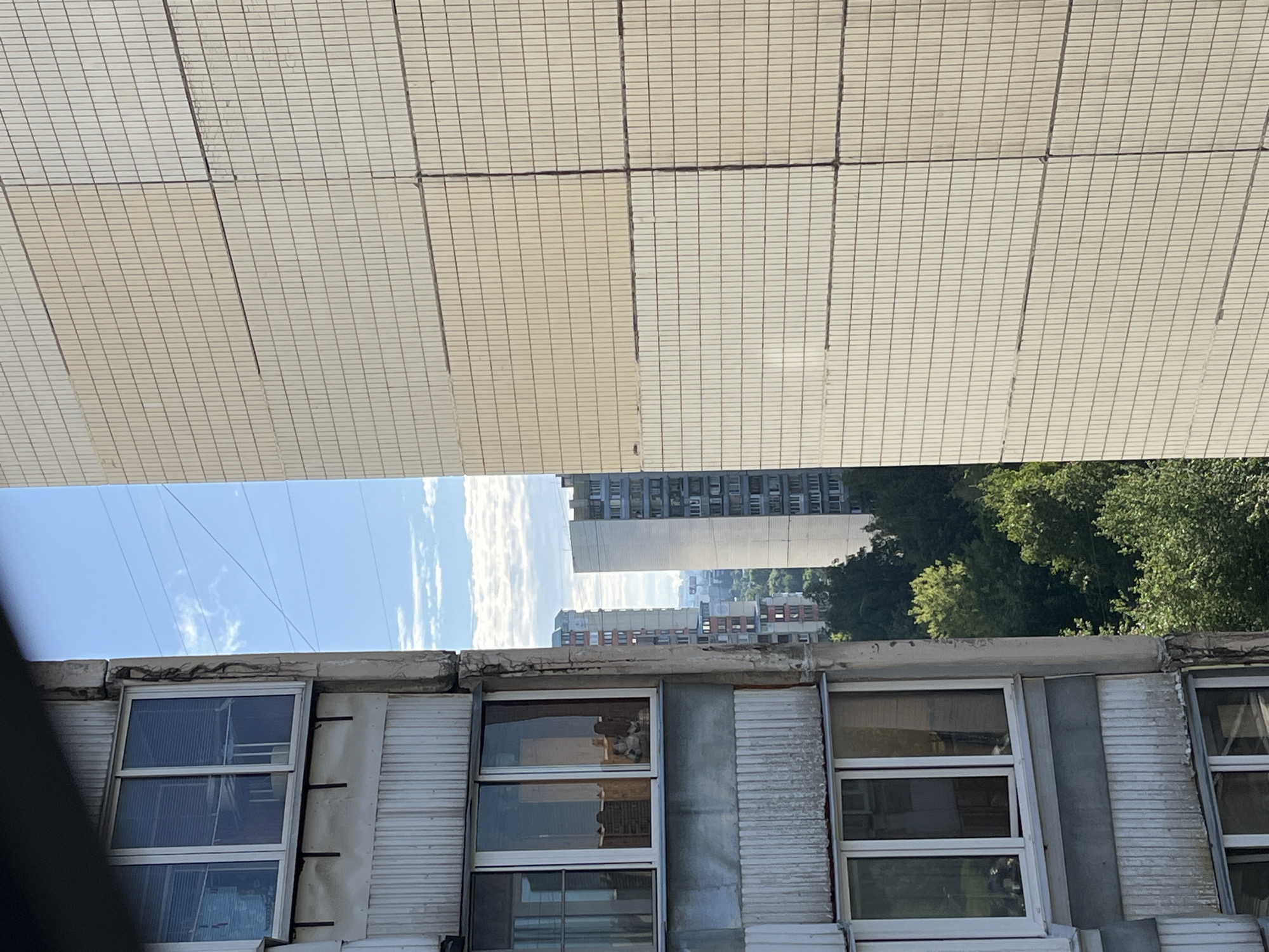The image shows a view from a residential building in Moscow, Russia, looking out towards other buildings and trees. On the left side of the frame is a section of a weathered, grey apartment building with multiple windows and balconies. The windows are partly covered by blinds. Inside one of the windows, a doll or toy figure can be seen. The facade of this building appears to be made of concrete and corrugated panels.
To the right of the apartment building, a second building is visible, characterized by its light-colored, tiled facade. The tiles are arranged in a grid pattern. Further in the distance, other multi-story buildings are visible, along with a dense canopy of green trees. The sky above is blue with scattered white clouds. The scene suggests an urban environment with a mix of older and newer residential architecture.
