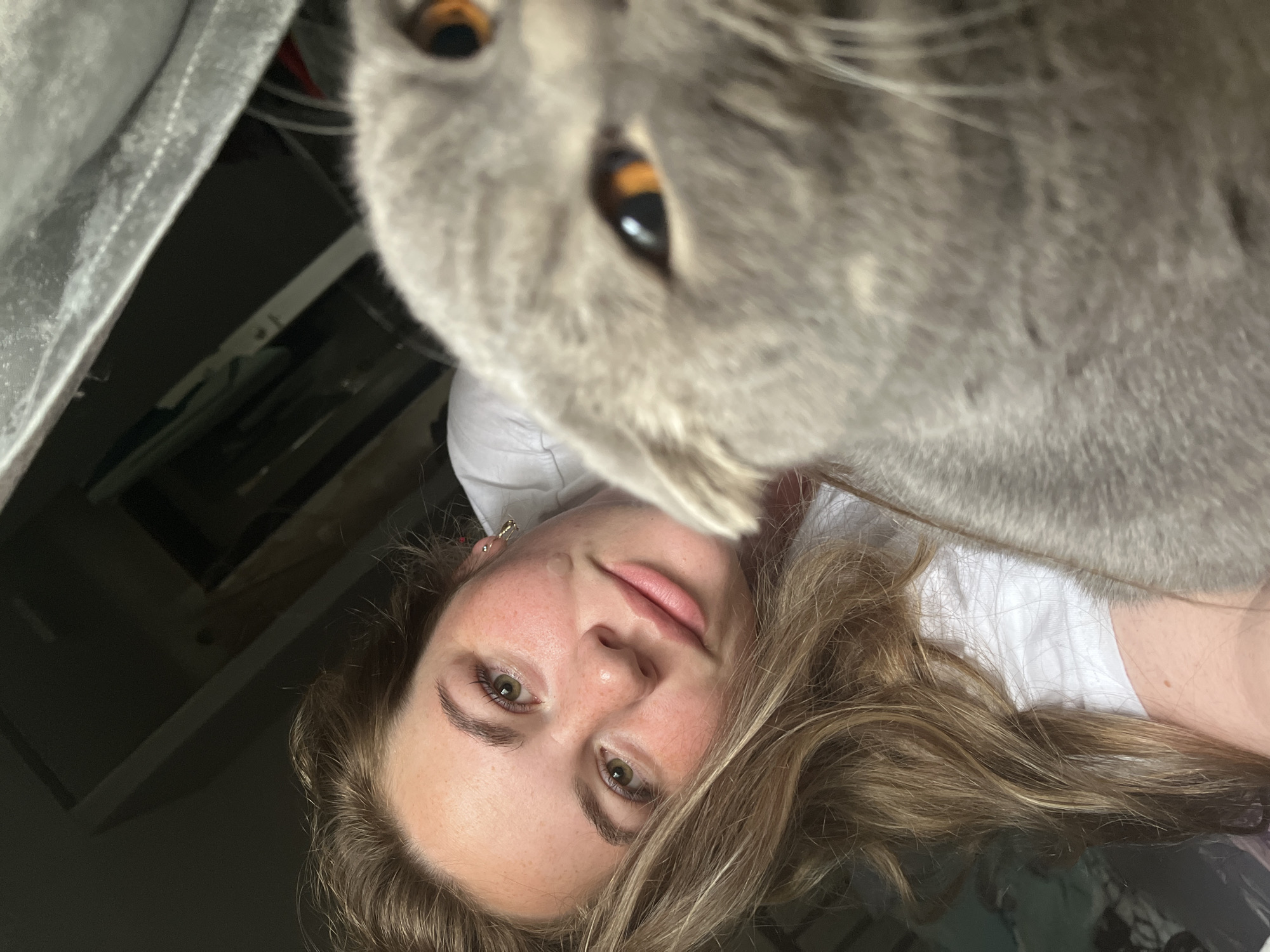 A selfie-style image features a young woman and a gray cat. The woman has light skin, brown hair with blonde highlights, and green eyes. She is wearing a white shirt and earrings. The cat, prominently positioned in the foreground, has amber eyes and dense gray fur. The background is dark and somewhat blurry, with hints of a gray blanket or fabric visible in the upper left corner and a dark ceiling. Location in the city of Chaikovsky, Russia cannot be determined from this image.