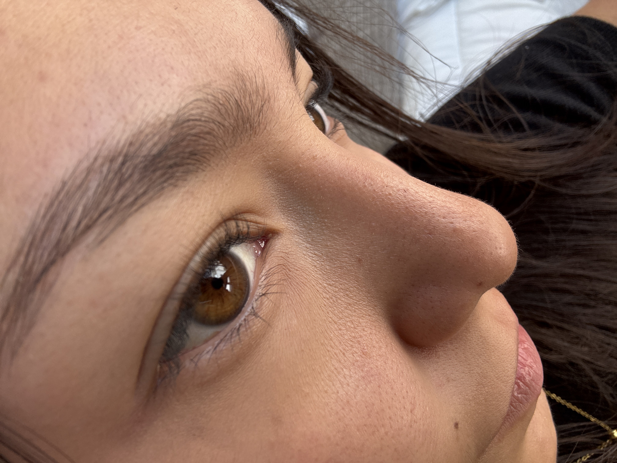 A close-up, high-angle portrait captures the right side of a person's face, likely a young adult or teenager, in San Francisco Ocotlán, Mexico. The subject's warm brown eye is prominent, with a clear reflection of bright light, framed by long, dark eyelashes and a thick, dark eyebrow. Visible skin texture includes fine pores across the forehead, nose, and cheek, along with subtle fine hairs. A small amount of tear duct discharge is visible in the inner corner of the eye.
The person's nose is seen in profile, leading down to partially visible, naturally pink lips that are slightly parted. A small, dark mole or freckle is present on the cheek below the nose. Dark brown, wavy hair frames the head, with strands visible against a soft, out-of-focus background that appears to be light-colored fabric, possibly a bed sheet. A faint gold chain is discernible near the person's neck/jawline.
The lighting is bright and natural, suggesting it is daytime. The person's gaze is directed upwards and slightly to the right, conveying a neutral expression. No text is visible in the image, and no specific activity or event beyond a static pose is depicted.